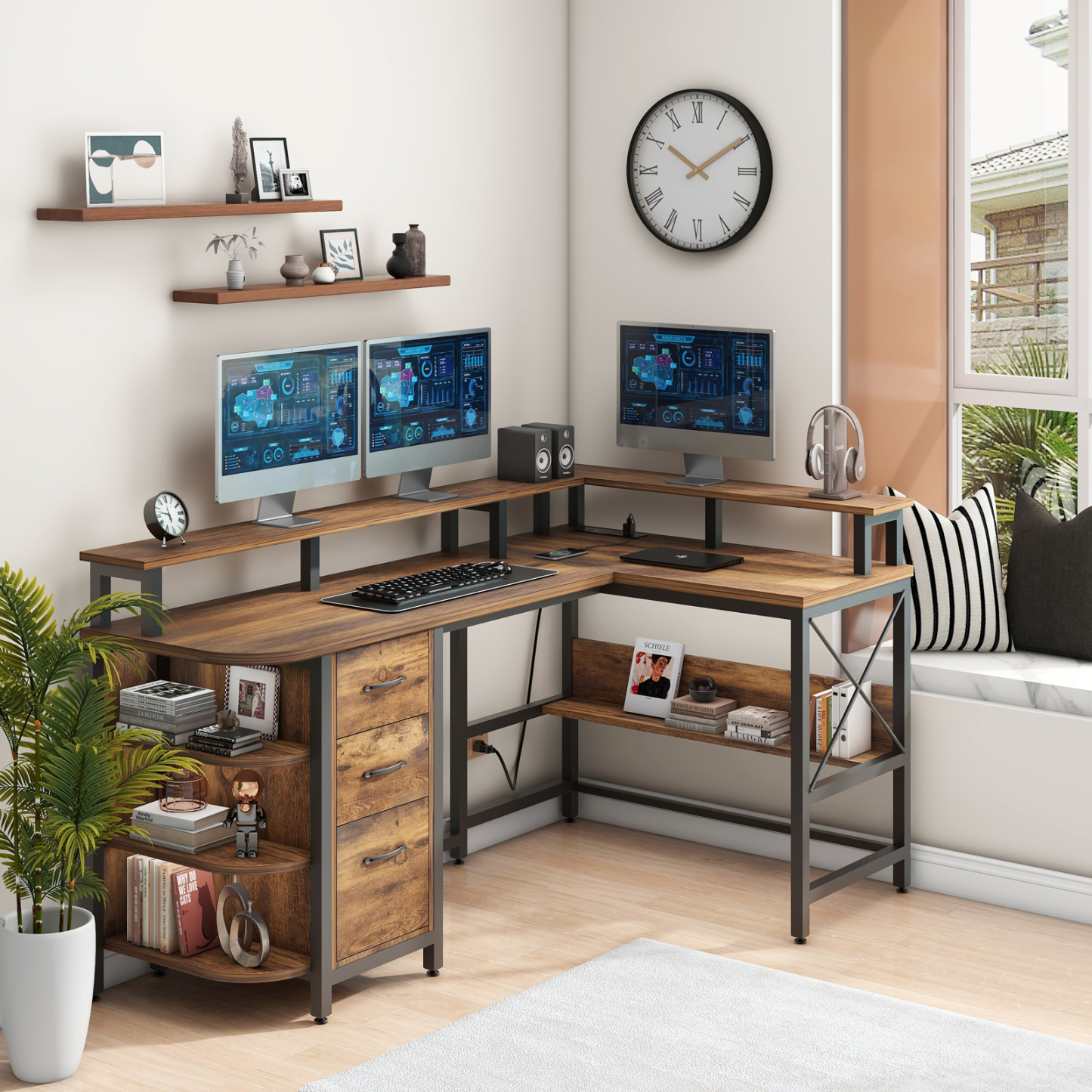 Vabches 67" L Shaped Computer Desk with LED Lights and Power Outlets, Reversible L Shaped Gaming Desk with 3 Drawers Hutch Monitor Stand