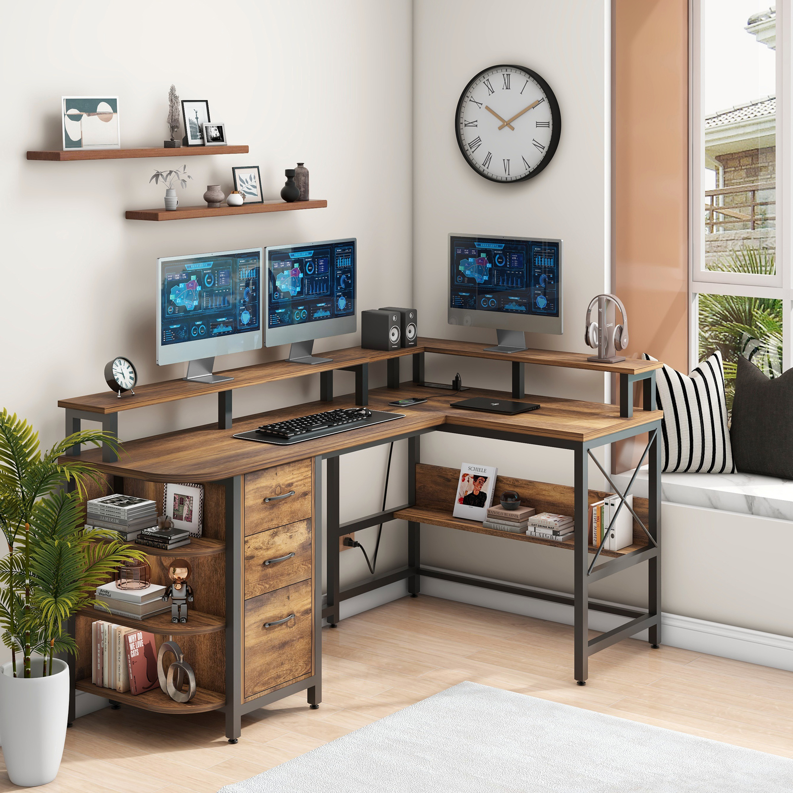 Vabches 67" L Shaped Computer Desk with LED Lights and Power Outlets, Reversible L Shaped Gaming Desk with 3 Drawers Hutch Monitor Stand