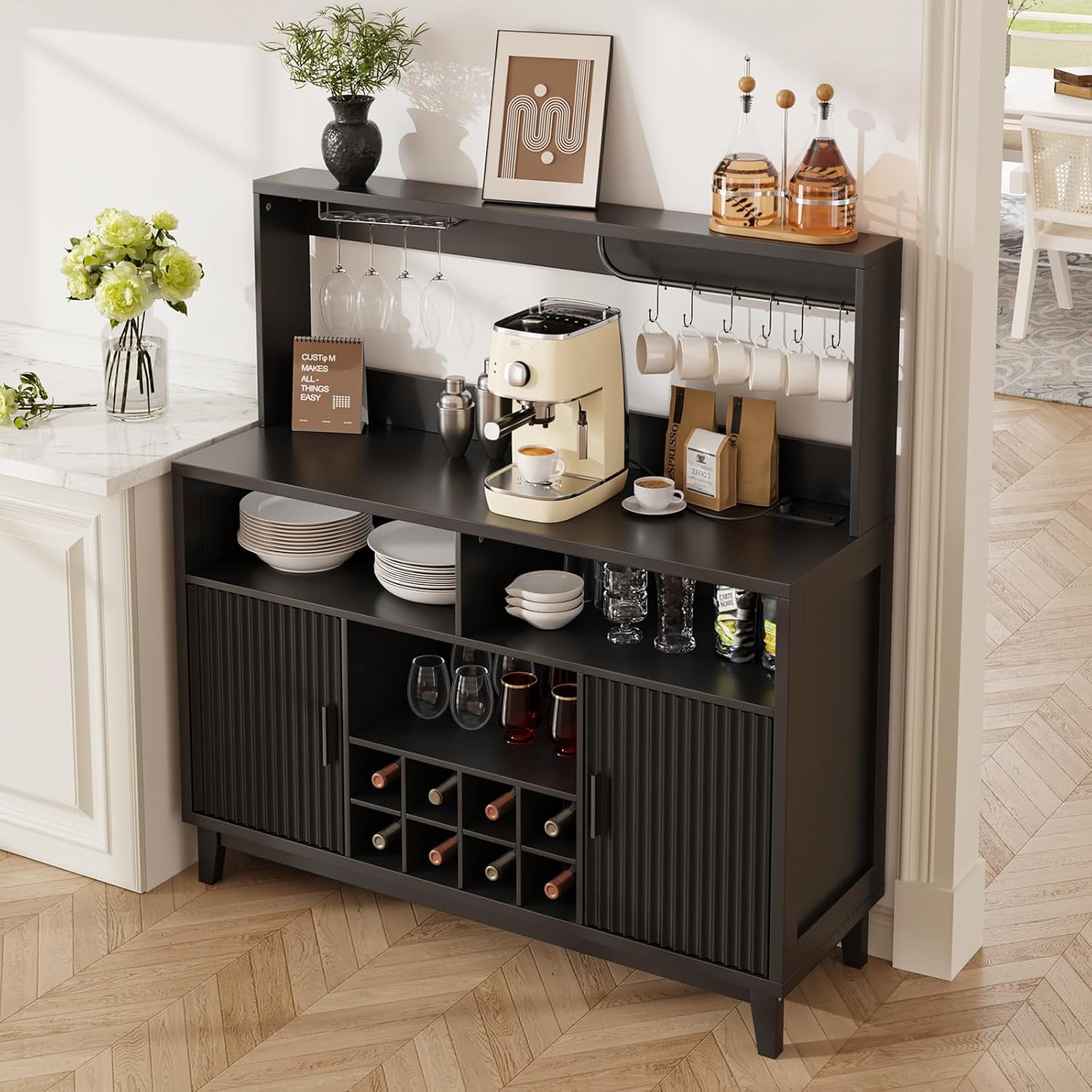 VEANERWOOD Fluted Coffee Bar Cabinet with Wine Rack & Charging Station, Modern Sideboard Buffet Cabinet with Glass Holder and 6 Hook for Kitchen, Dining or Living Room