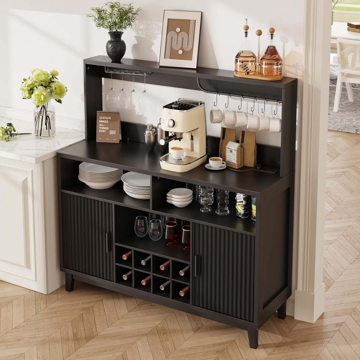 VEANERWOOD Fluted Coffee Bar Cabinet with Wine Rack & Charging Station, Modern Sideboard Buffet Cabinet with Glass Holder and 6 Hook for Kitchen, Dining or Living Room