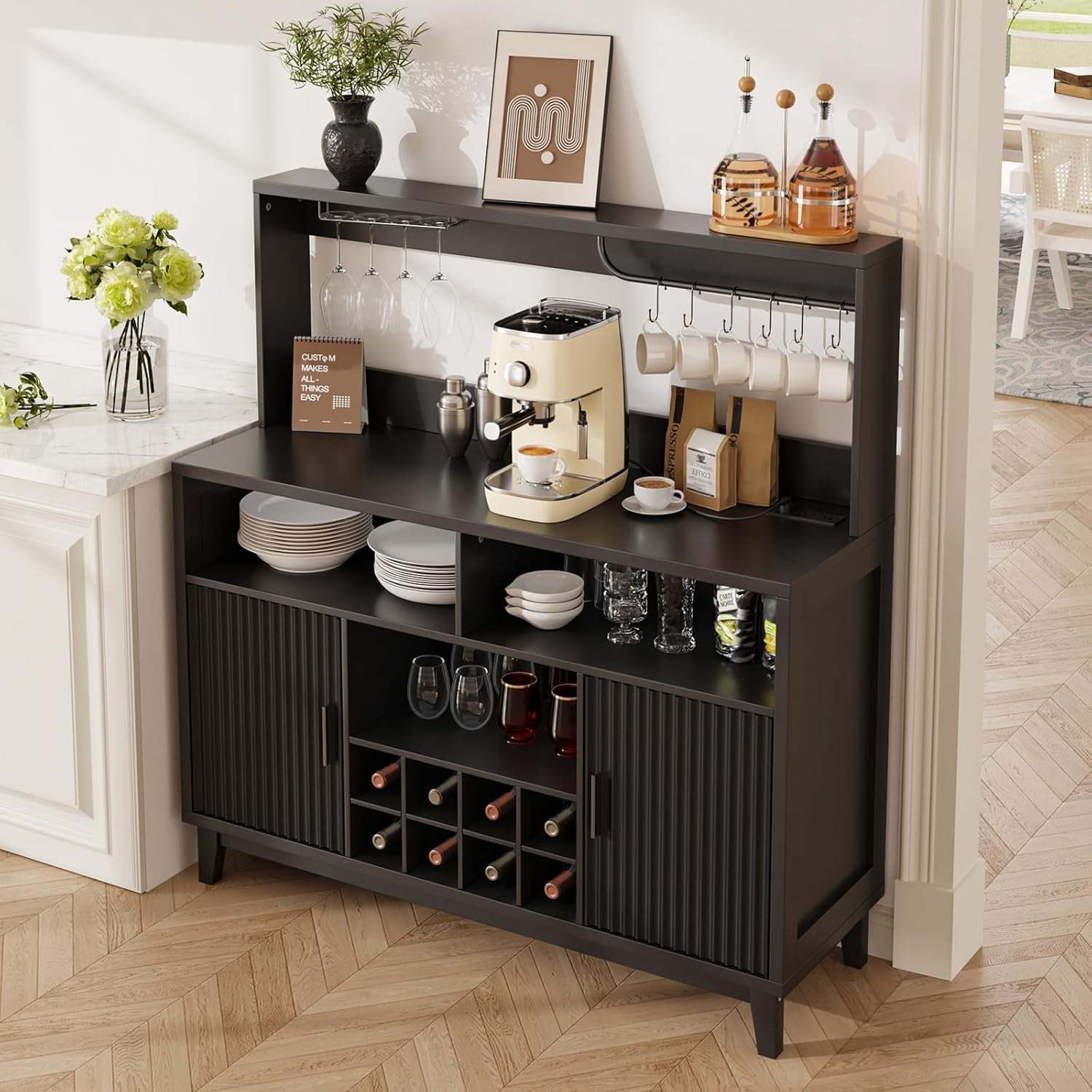VEANERWOOD Fluted Coffee Bar Cabinet with Wine Rack & Charging Station, Modern Sideboard Buffet Cabinet with Glass Holder and 6 Hook for Kitchen, Dining or Living Room