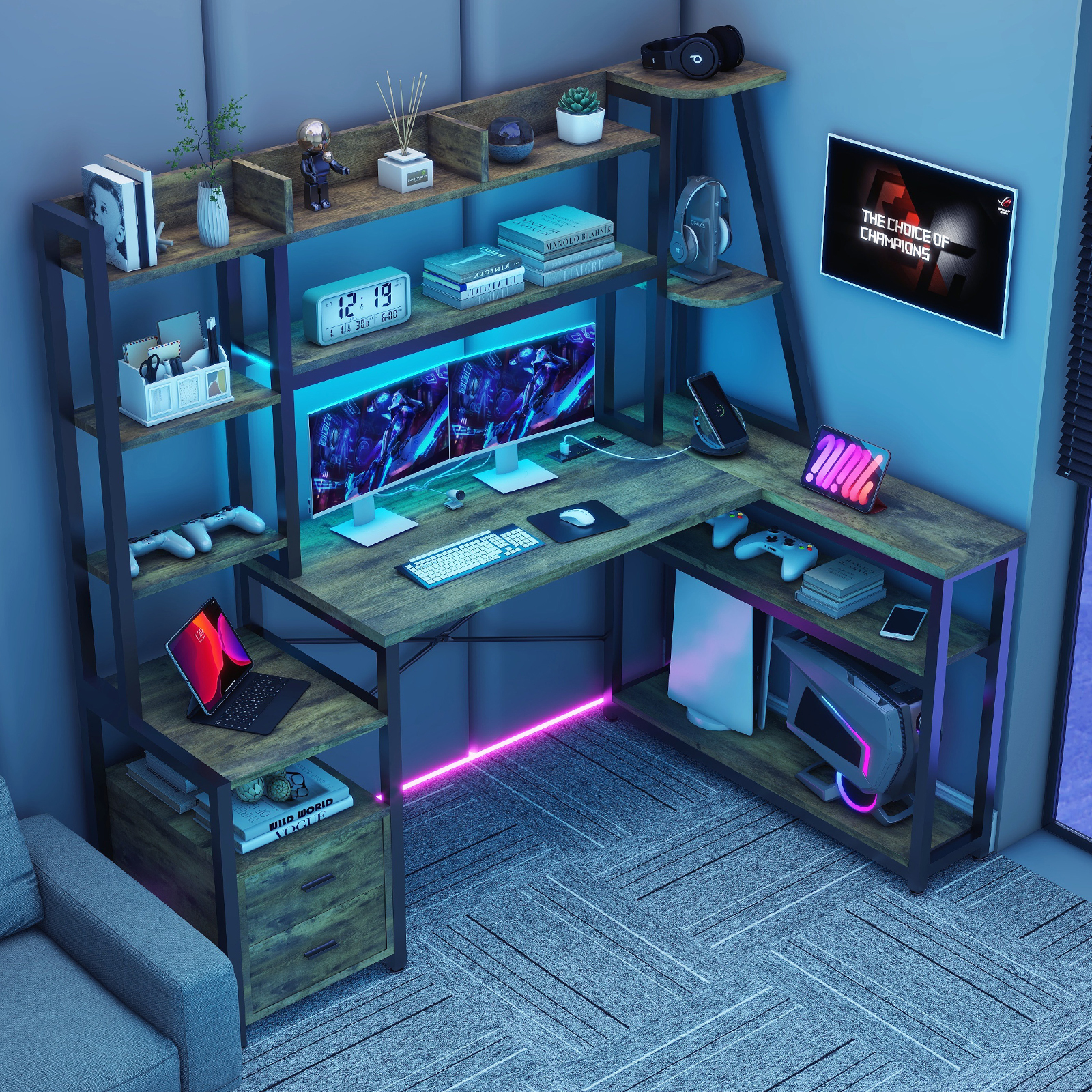 Vabches L Shape Computer Desk with LED Lights and Power Outlets, L Shaped Gaming Desk with 2 Drawers Hutch Monitor Stand