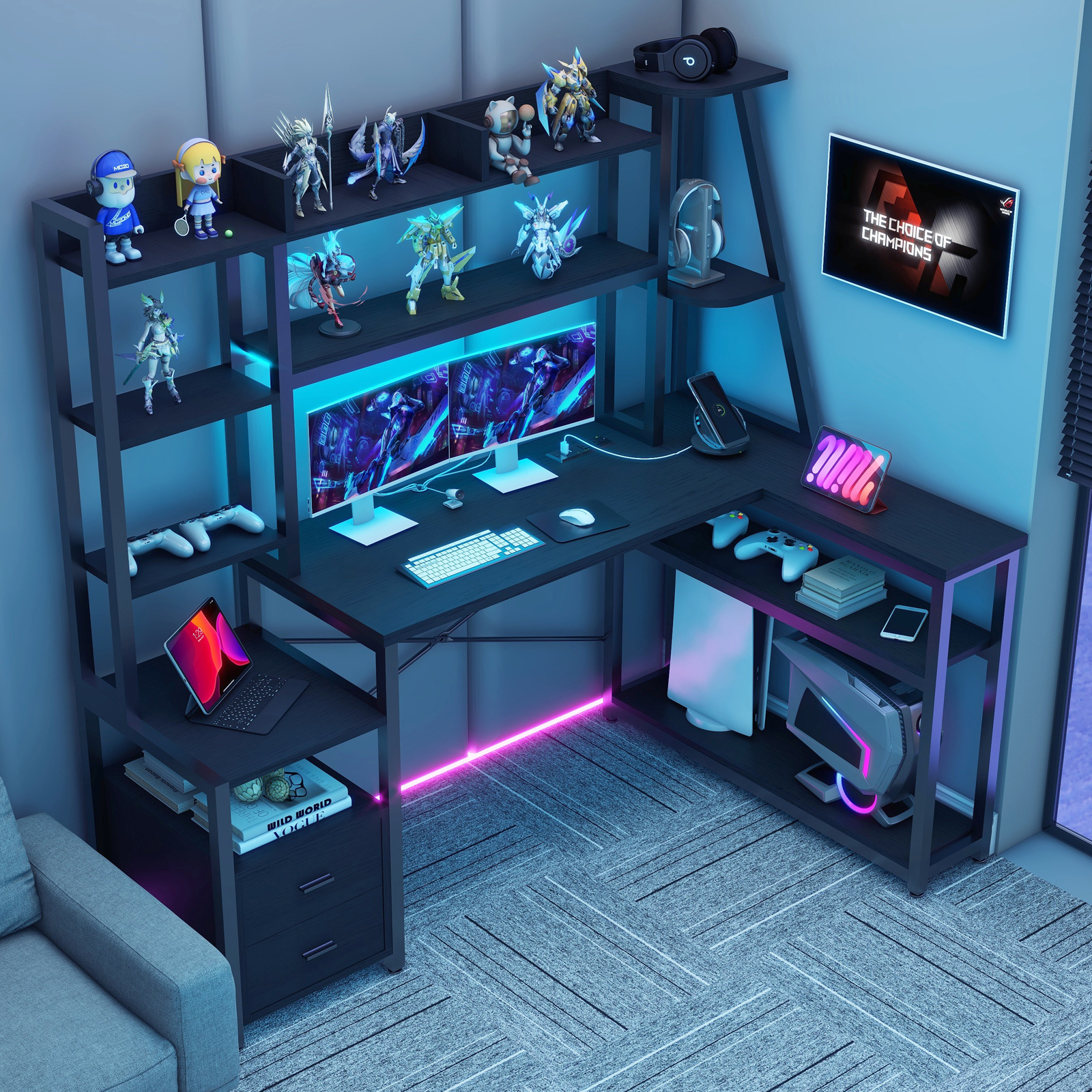 Vabches L Shaped Computer Desk with LED Lights and Power Outlets, L Shaped Gaming Desk with 2 Drawers Hutch Monitor Stand