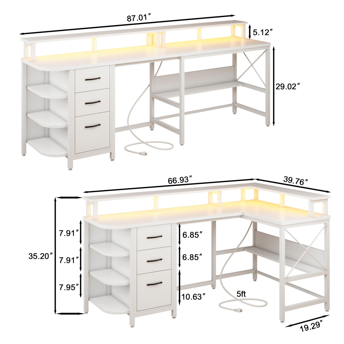 Vabches 67" L Shaped Computer Desk with LED Lights and Power Outlets, Reversible Gaming Desk with 3 Drawers Hutch