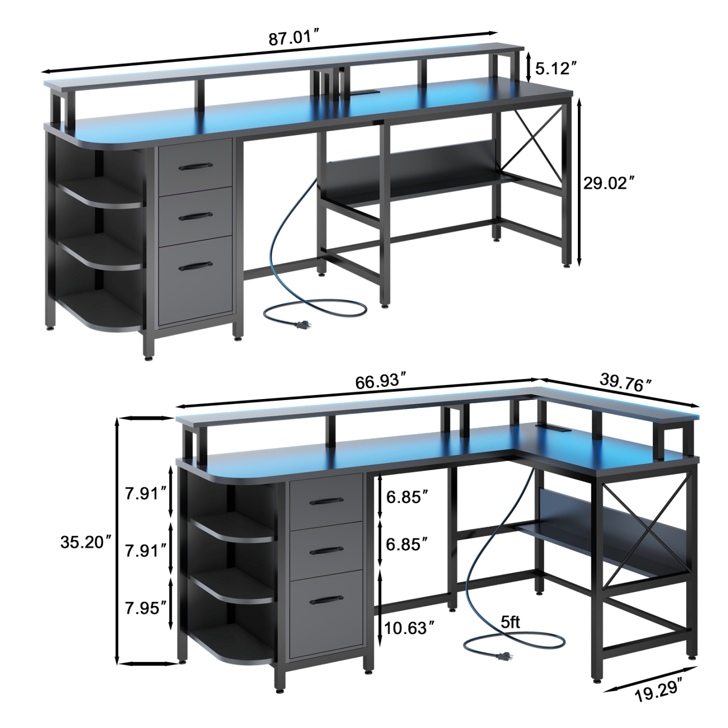 Vabches 67" L Shaped Computer Desk with LED Lights and Power Outlets, Reversible Gaming Desk with 3 Drawers Hutch for Adolescents and Adults