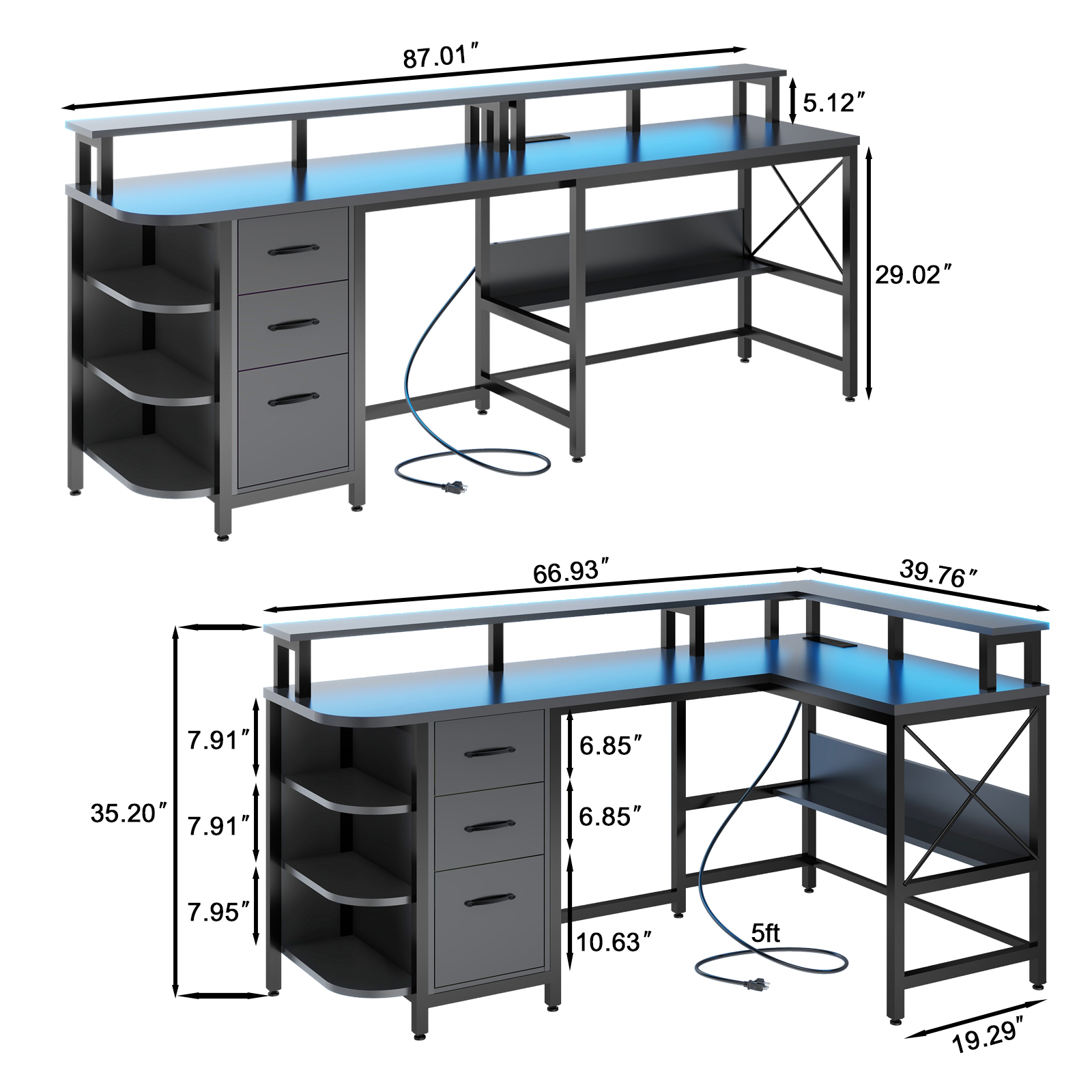Vabches 67" L Shaped Computer Desk with LED Lights and Power Outlets, Reversible Gaming Desk with 3 Drawers Hutch for Adolescents and Adults