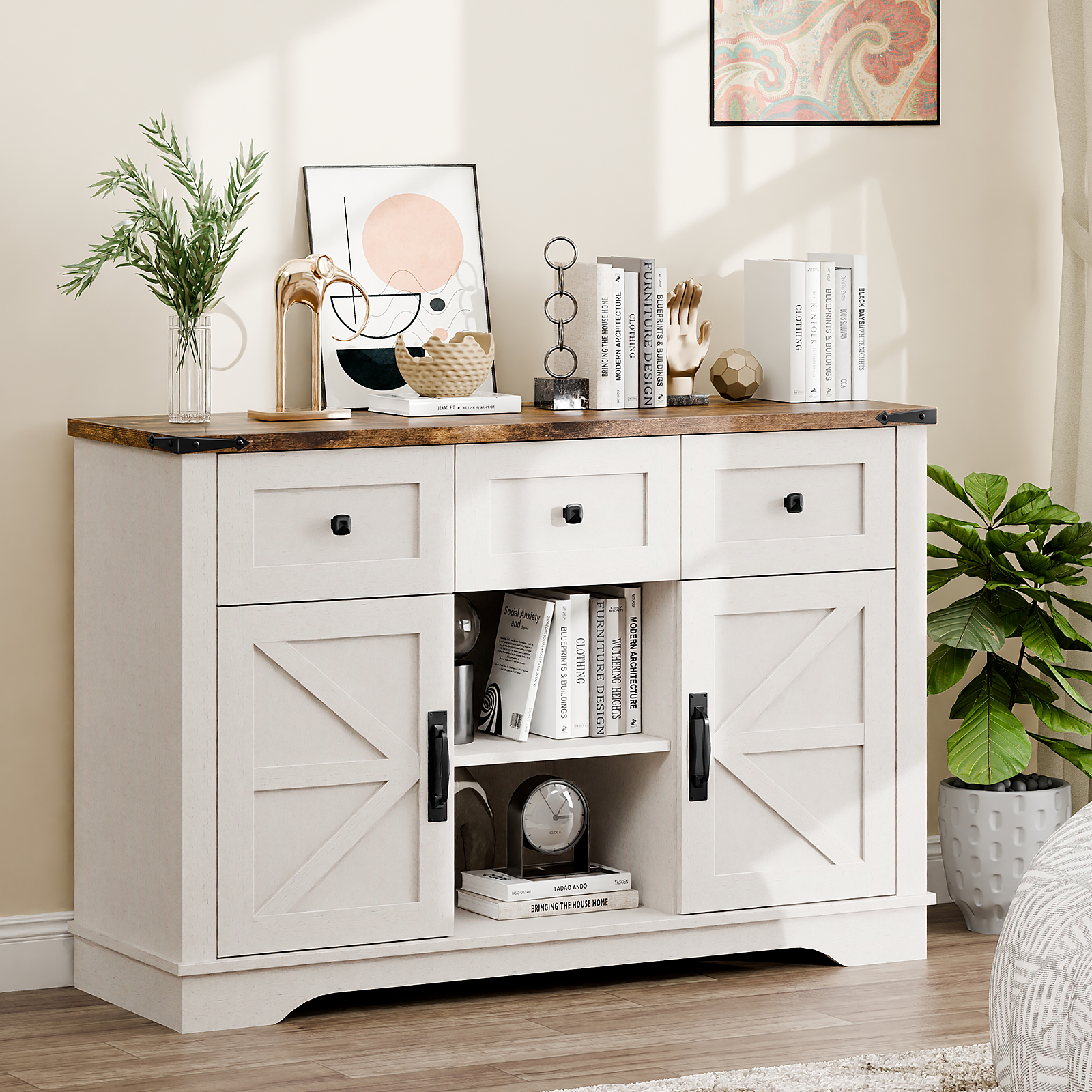 Vabches Farmhouse Buffet Cabinet features barn-style doors, drawers, and shelves, providing ample storage for living rooms, dining rooms, and kitchens