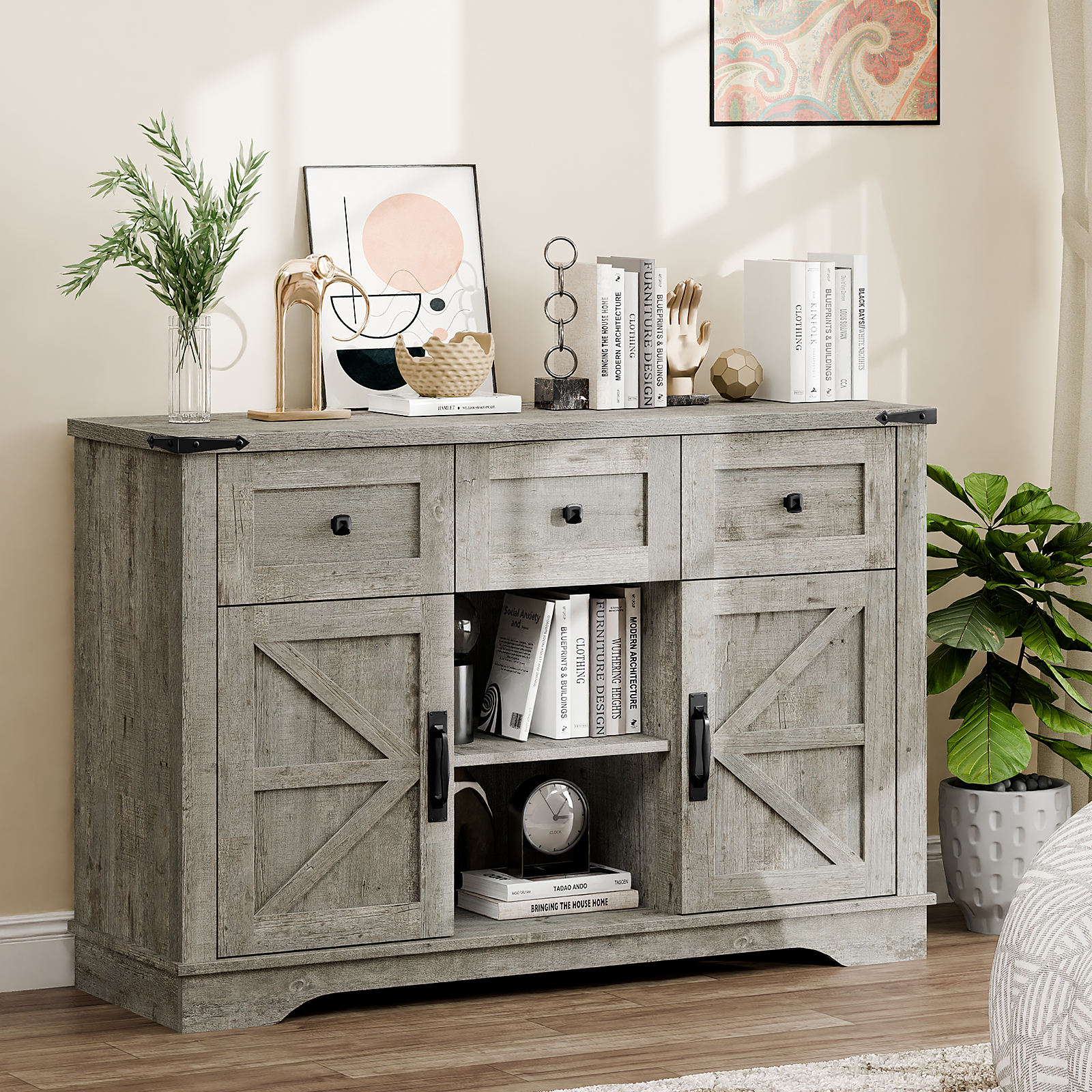 The Vabches Farmhouse Buffet Cabinet features barn-style doors, drawers, and shelves, providing ample storage for living rooms, dining rooms, and kitchens