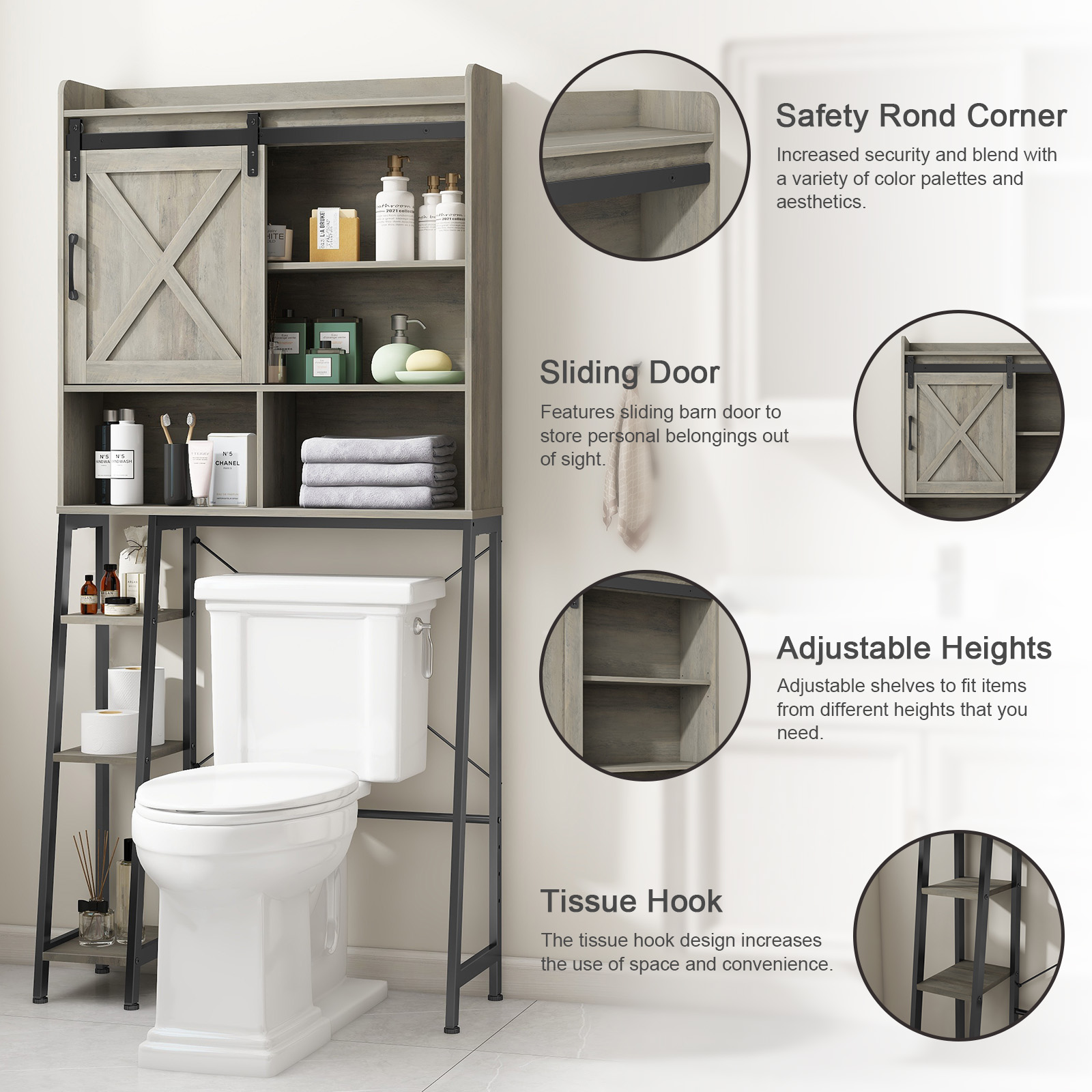 Vabches Over The Toilet Storage Cabinet with Sliding Door and Integrated Toilet Paper Holder, Ideal for Bathrooms, Restrooms, and Laundry Rooms.