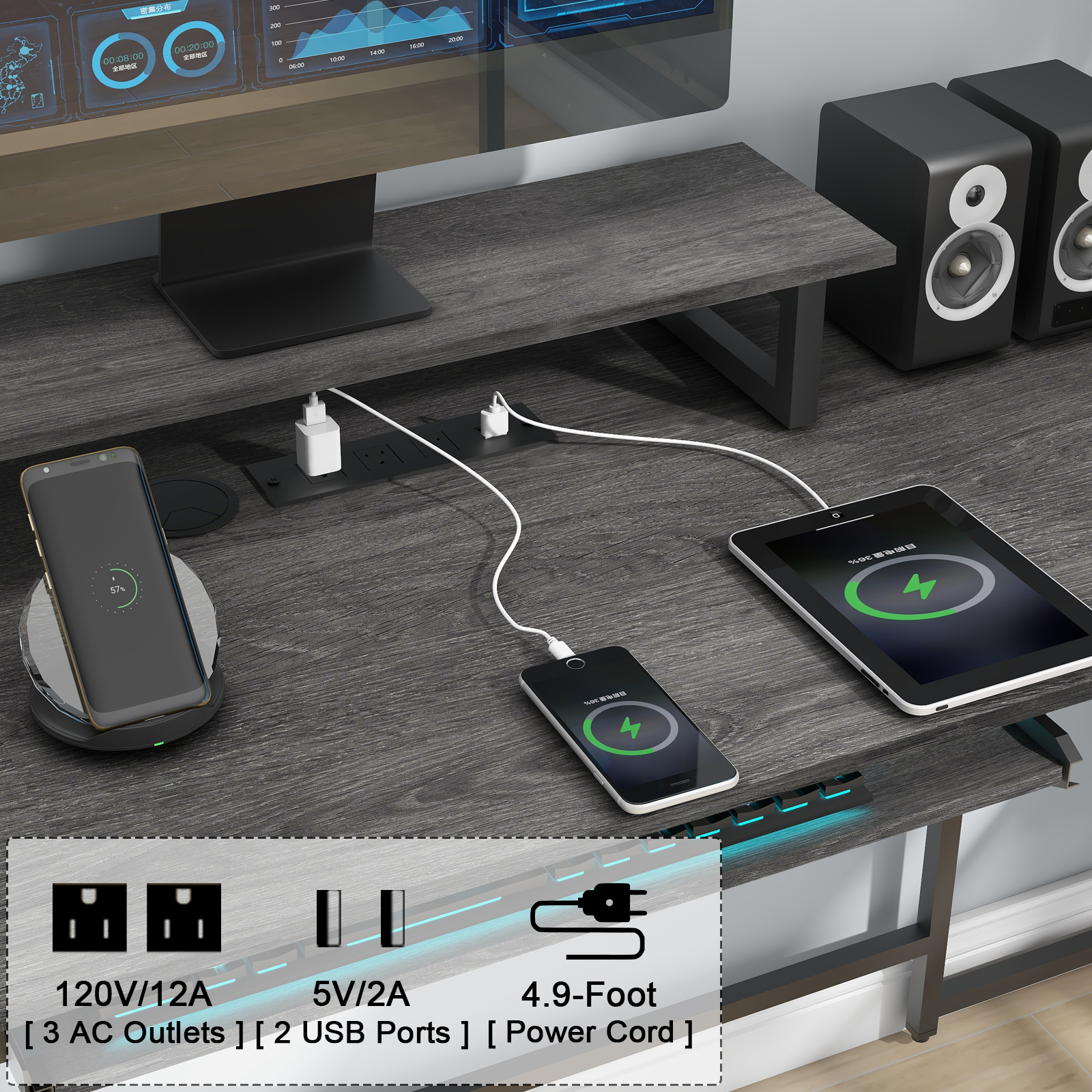 Vabches U Shaped Office Desk with LED Lights, L Shaped Desk with Power Outlet and Monitor Stand, Grey