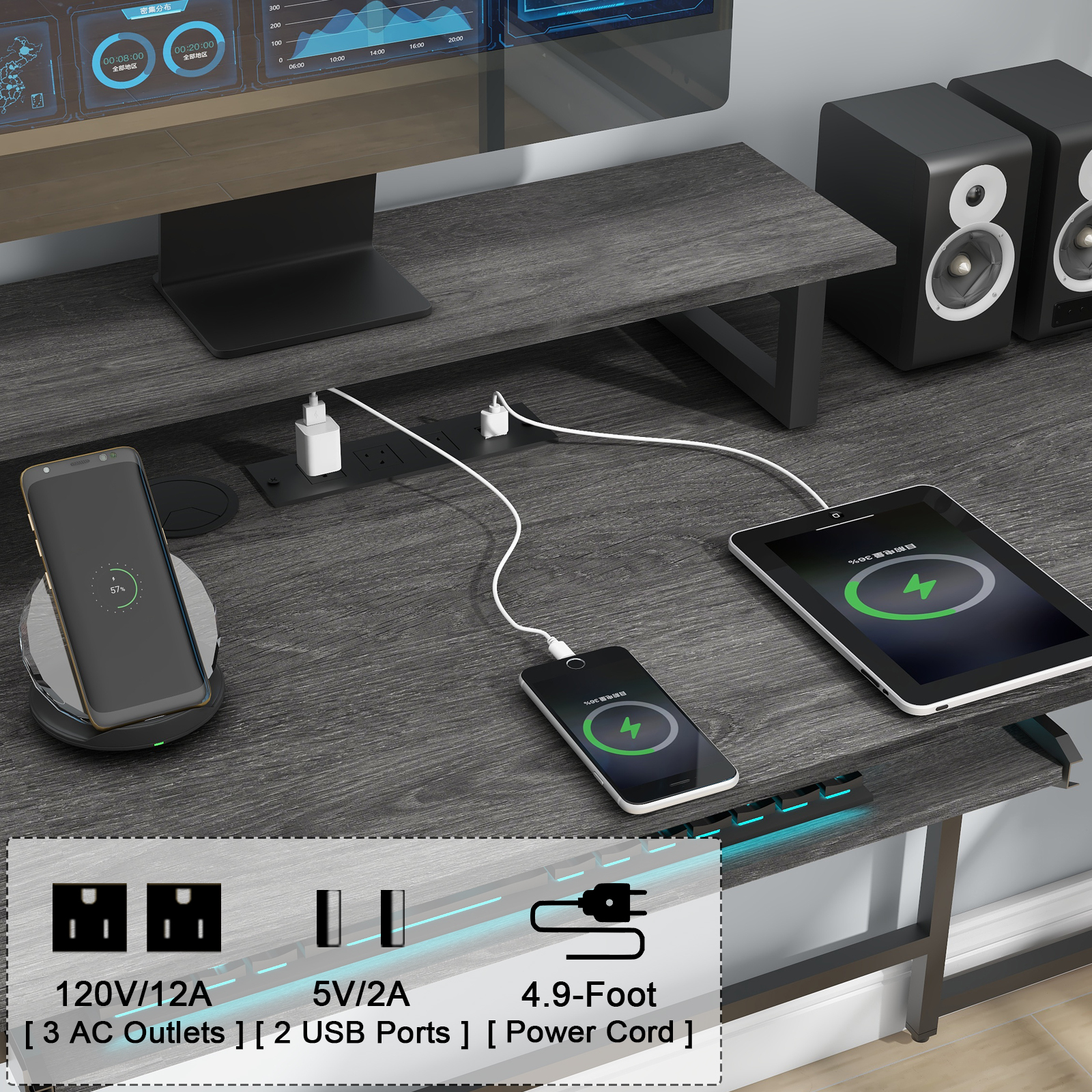 Vabches U Shaped Office Desk with LED Lights, L Shaped Desk with Power Outlet and Monitor Stand, Grey