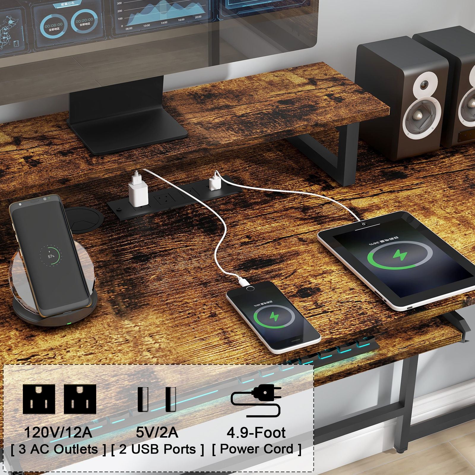 Vabches U Shaped Office Desk with LED Lights, L Shaped Desk with Power Outlet and Monitor Stand, Brown