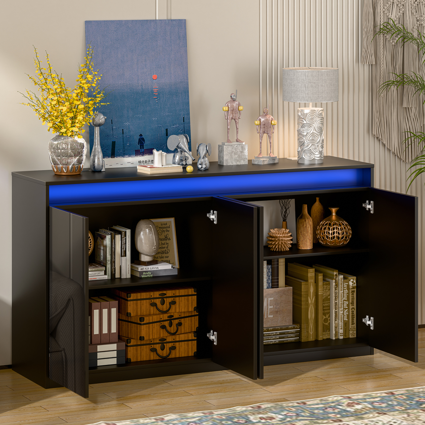 57" Kitchen Buffet Cabinet with Power Outlets - Pantry Storage Cabinet with LED Lights, Sideboard Cabinet Kitchen Storage Cabinets with 4 High Gloss Doors for Kitchen, Bathroom, Black.