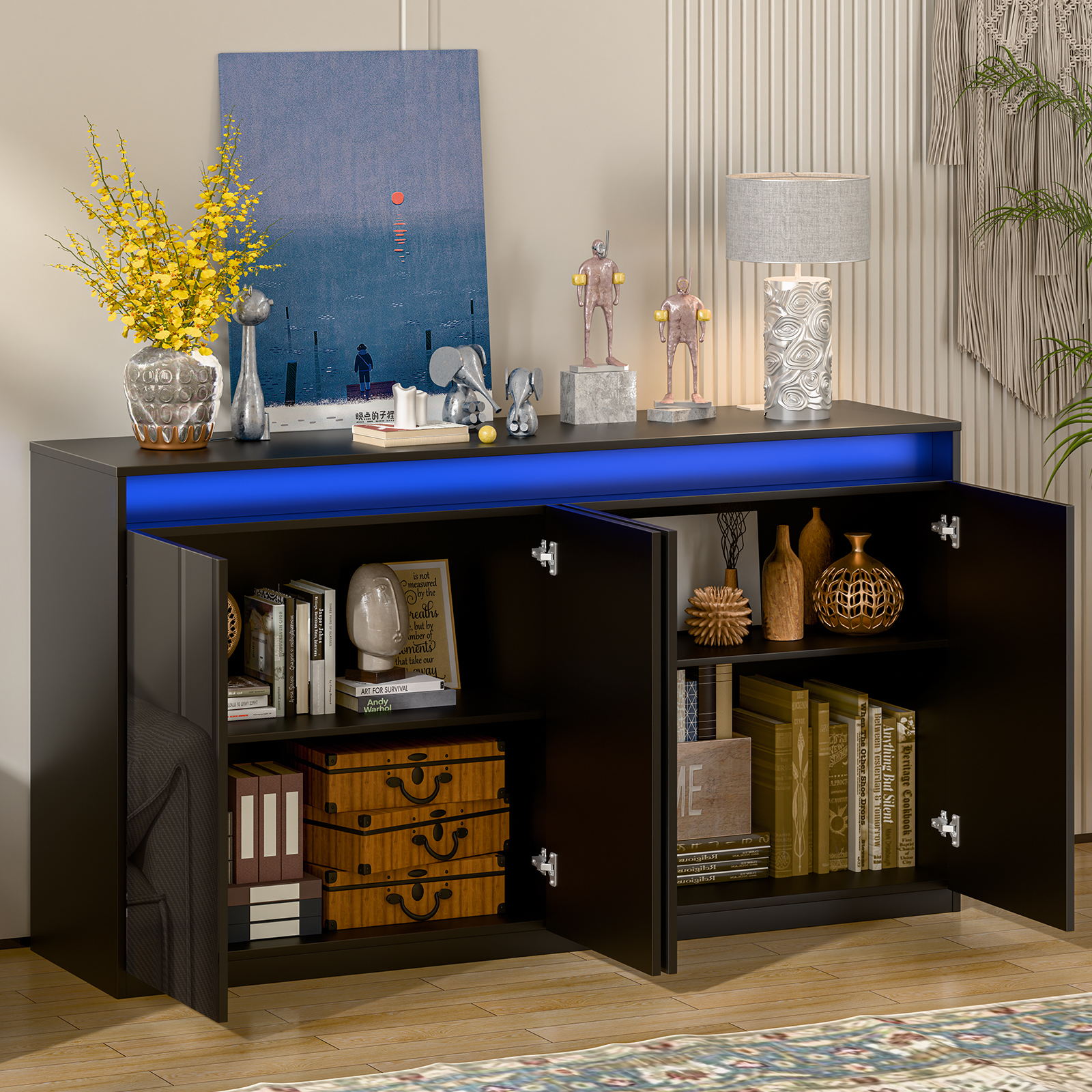 57" Kitchen Buffet Cabinet with Power Outlets - Pantry Storage Cabinet with LED Lights, Sideboard Cabinet Kitchen Storage Cabinets with 4 High Gloss Doors for Kitchen, Bathroom, Black.