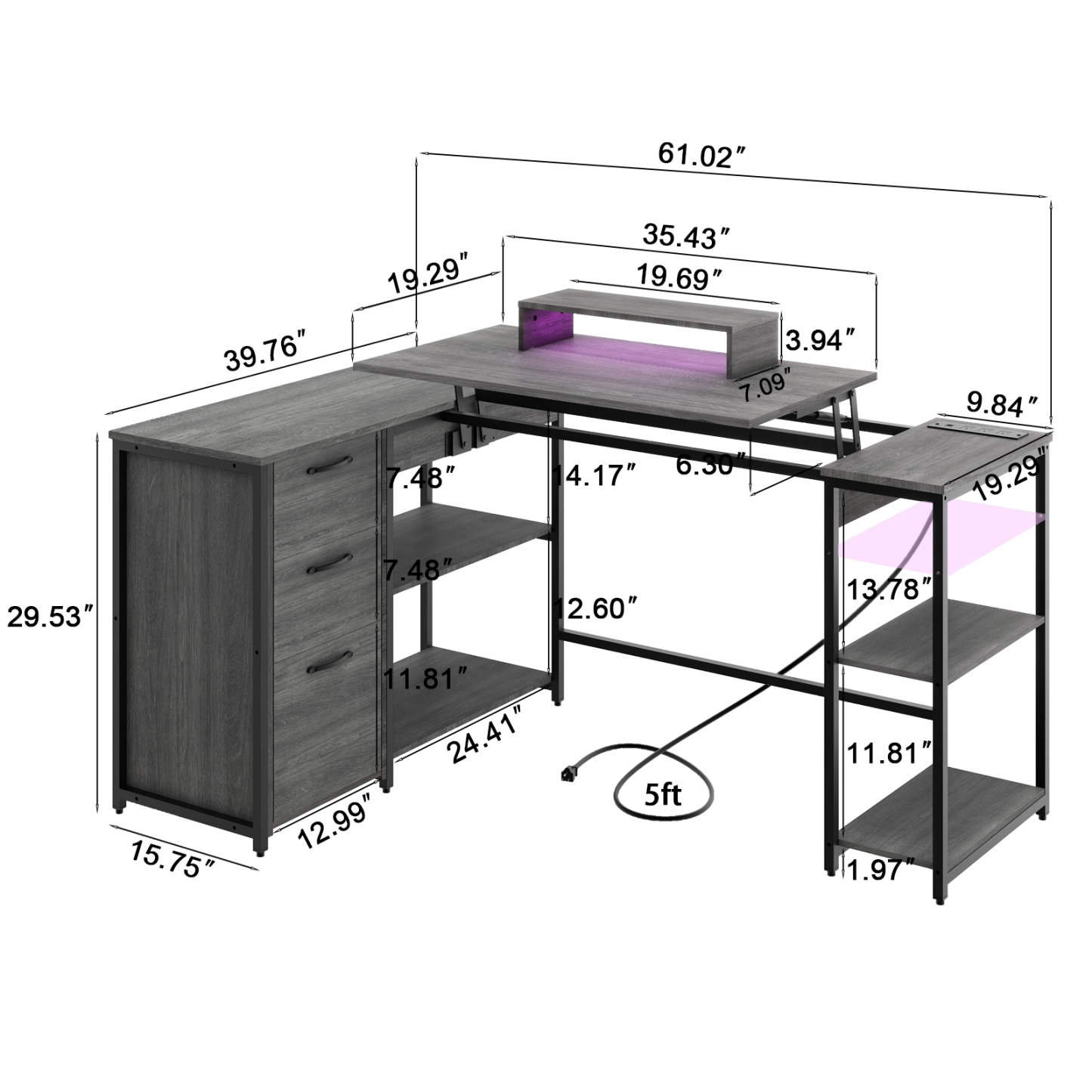 61" L Shaped Computer Desk with LED Lights and Power Outlets, Reversible L Shaped Gaming Desk with 3 Drawers Hutch Monitor Stand, Home Office Desk with USB Port