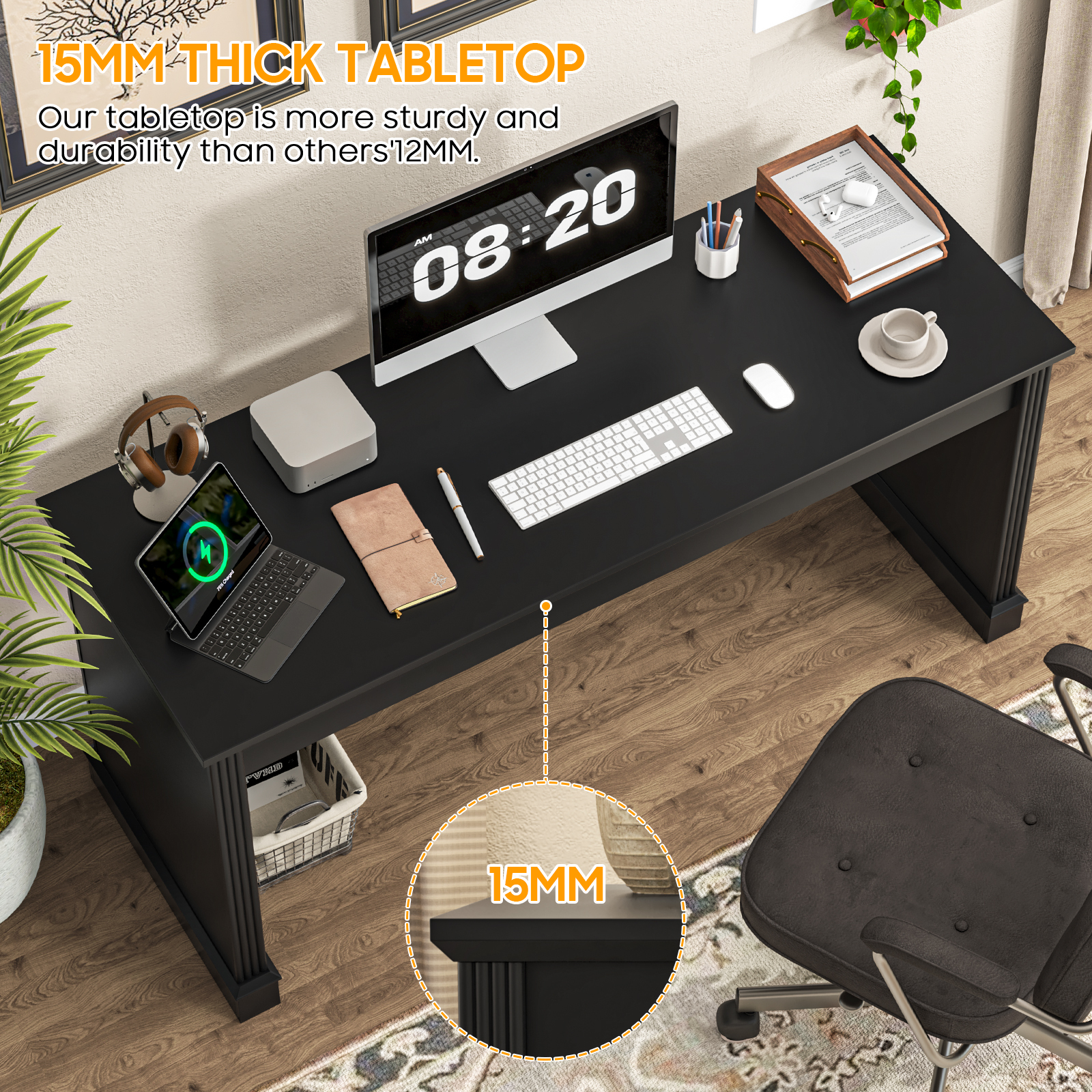 Farmhouse 59" Executive Computer Desk, Simple and Spacious Workstation for Remote Work & Study, Home Office, Pure Black