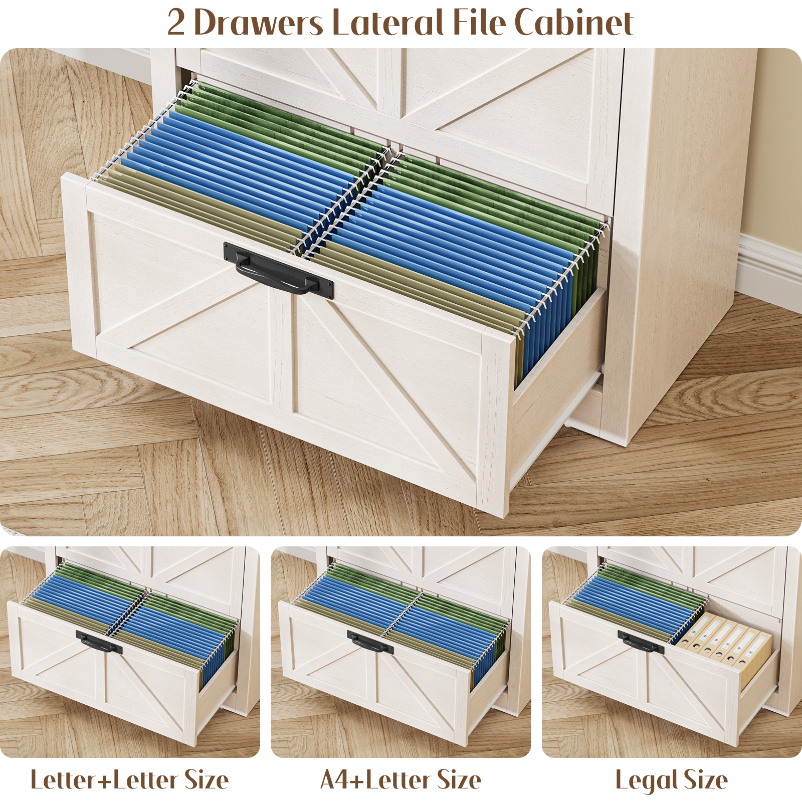 Arched Farmhouse File Cabinet with 2 Drawers for Legal, Letter, and A4 Size Hanging Files, Large Wooden File Cabinet for Home Office with Printer Stand and Bookshelf
