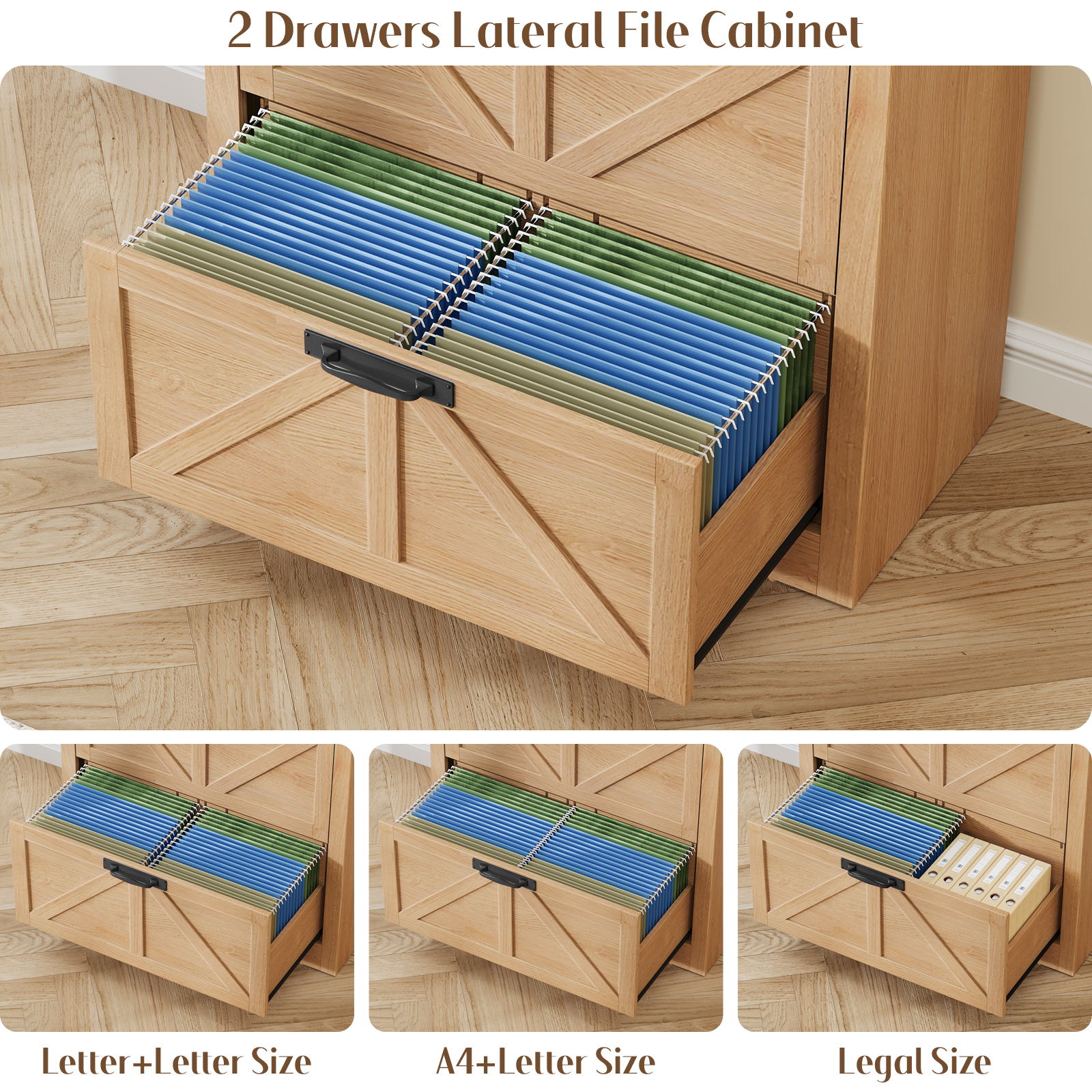 Arched Farmhouse File Cabinet with 2 Drawers for Legal, Letter, and A4 Size Hanging Files, Large Wooden File Cabinet for Home Office with Printer Stand and Bookshelf