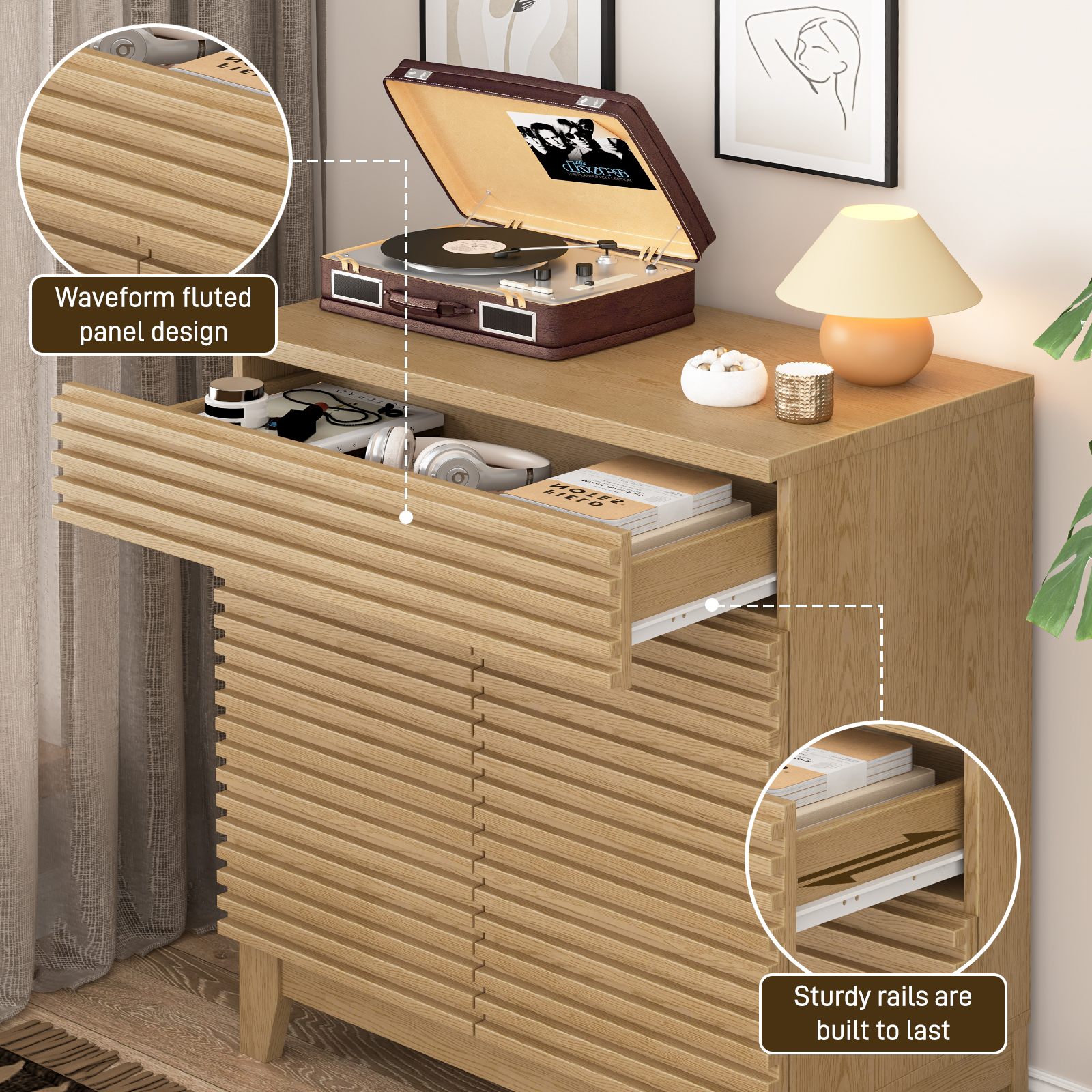 Vabches Fluted Buffet Cabinet with Storage, Coffee Bar Cabinet with a Drawer, Sideboard Buffet Kitchen Storage Cabinets with Adjustable Shelves for Living Room, Kitchen, Natural Oak