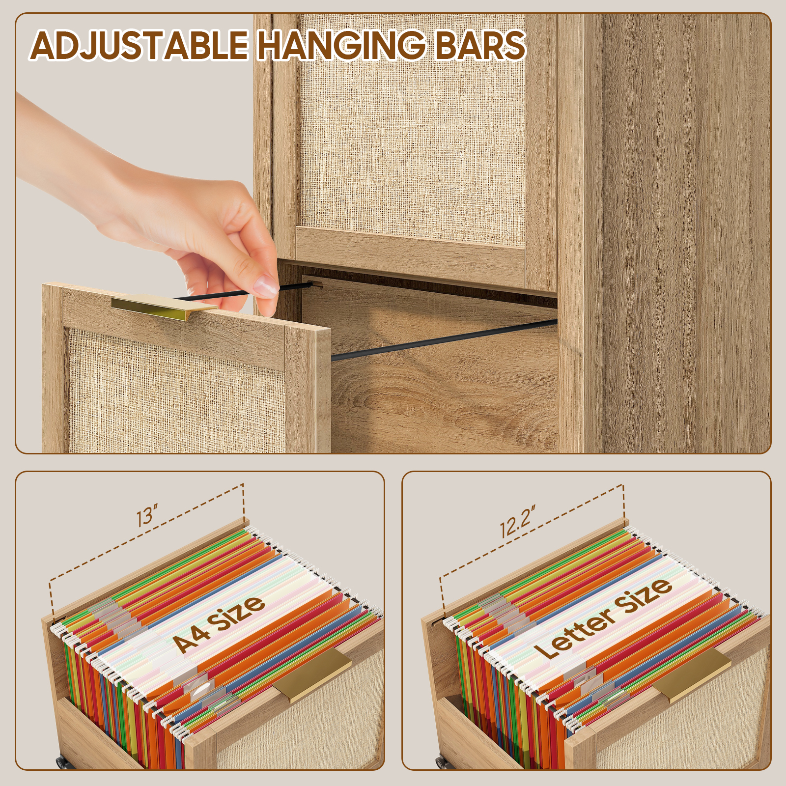 2-Drawer Rattan Small File Cabinet, Farmhouse Vertical Filing Cabinet Fits A4/Letter Size, Under Desk File Cabinets with Storage for Home Office, Wooden Printer Stand, Natural Oak