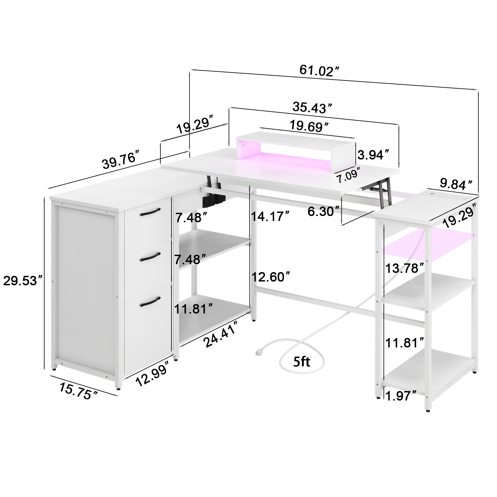 Vabches 61" L Shaped Computer Desk with LED Lights and Power Outlets, Reversible L Shaped Gaming Desk with 3 Drawers Hutch for Adolescents and adults