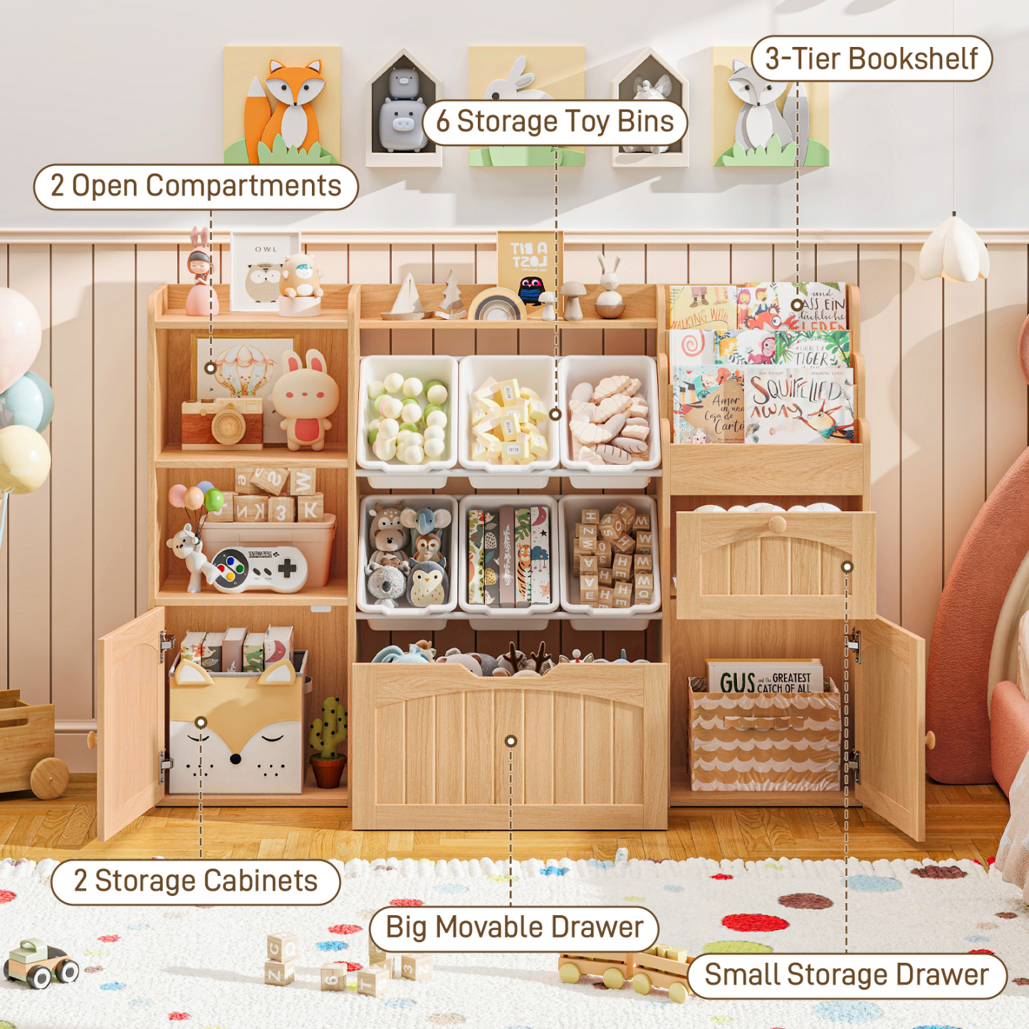 Halitaa Toy Storage Organizer with Movable Drawer, Kids Bookshelf with 6 Toy Bins and 3-Tier Book Rack, Playroom Storage Organization with 2 Open Cubbies and 2 Cabinet for Living Room, Kids Room, White