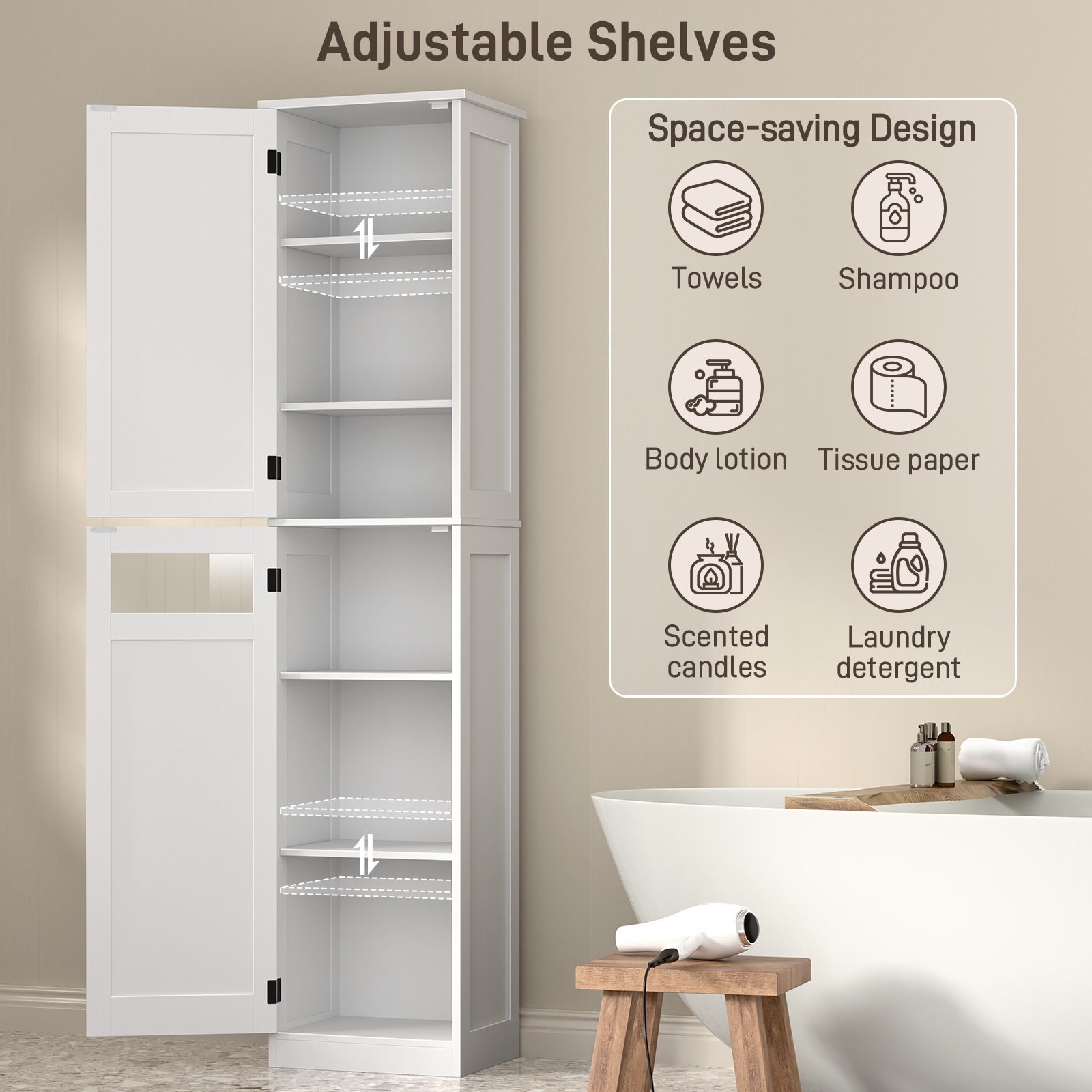 Halitaa Tall Narrow Bathroom Storage Cabinet, Slim Bathroom Cabinet with Adjustable Shelves and 2 Doors, Farmhouse Freestanding Floor Storage for Small Spaces, Bathroom, Kitchen, Living Room, White