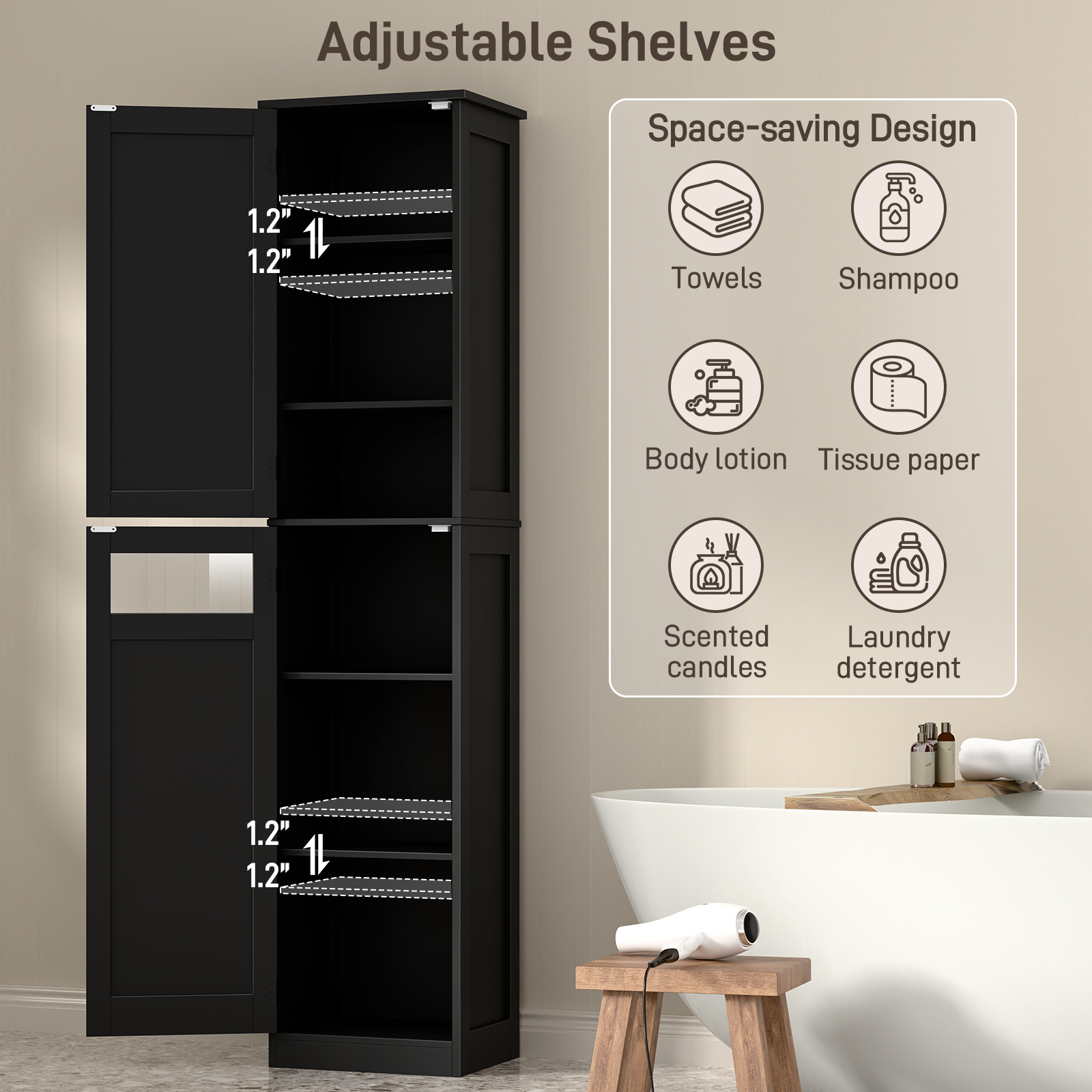 Halitaa Tall Narrow Bathroom Storage Cabinet, Slim Bathroom Cabinet with Adjustable Shelves and 2 Doors, Farmhouse Freestanding Floor Storage for Small Spaces, Bathroom, Kitchen, Living Room, White