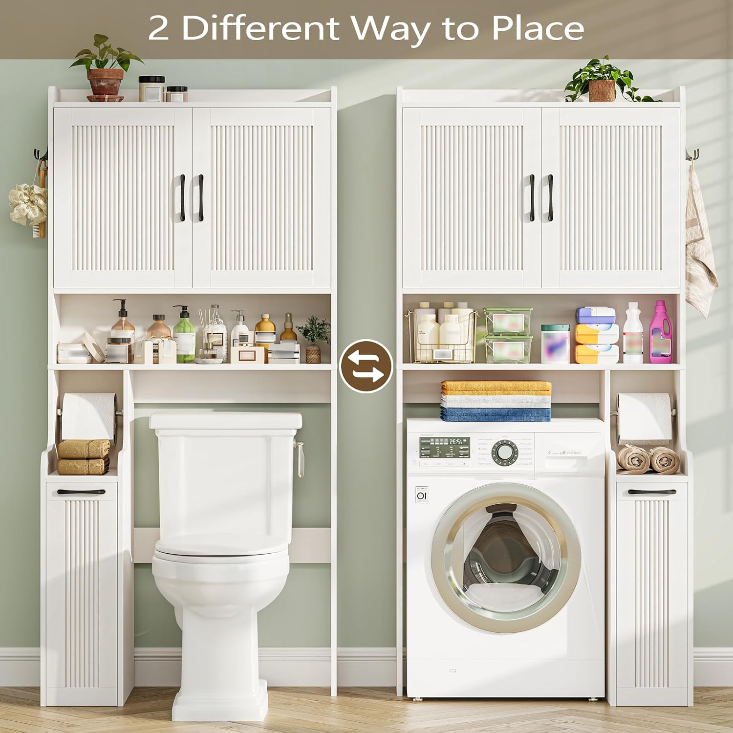 Halitaa Over The Toilet Storage Cabinet with Pulley, Space Saver Fluted Bathroom Organizer with Open Shelves, Anti-Tipping, Toilet Paper Holder Stand Toilet Rack for Bathroom, Laundry（Natural）