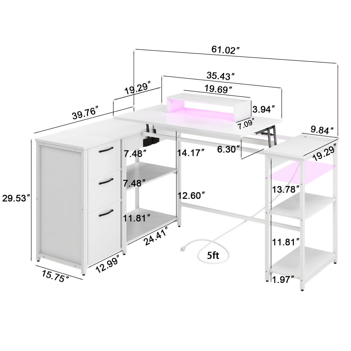 Vabches 61" L Shaped Computer Desk with LED Lights and Power Outlets, Reversible L Shaped Gaming Desk with 3 Drawers Hutch for Adolescents and adults