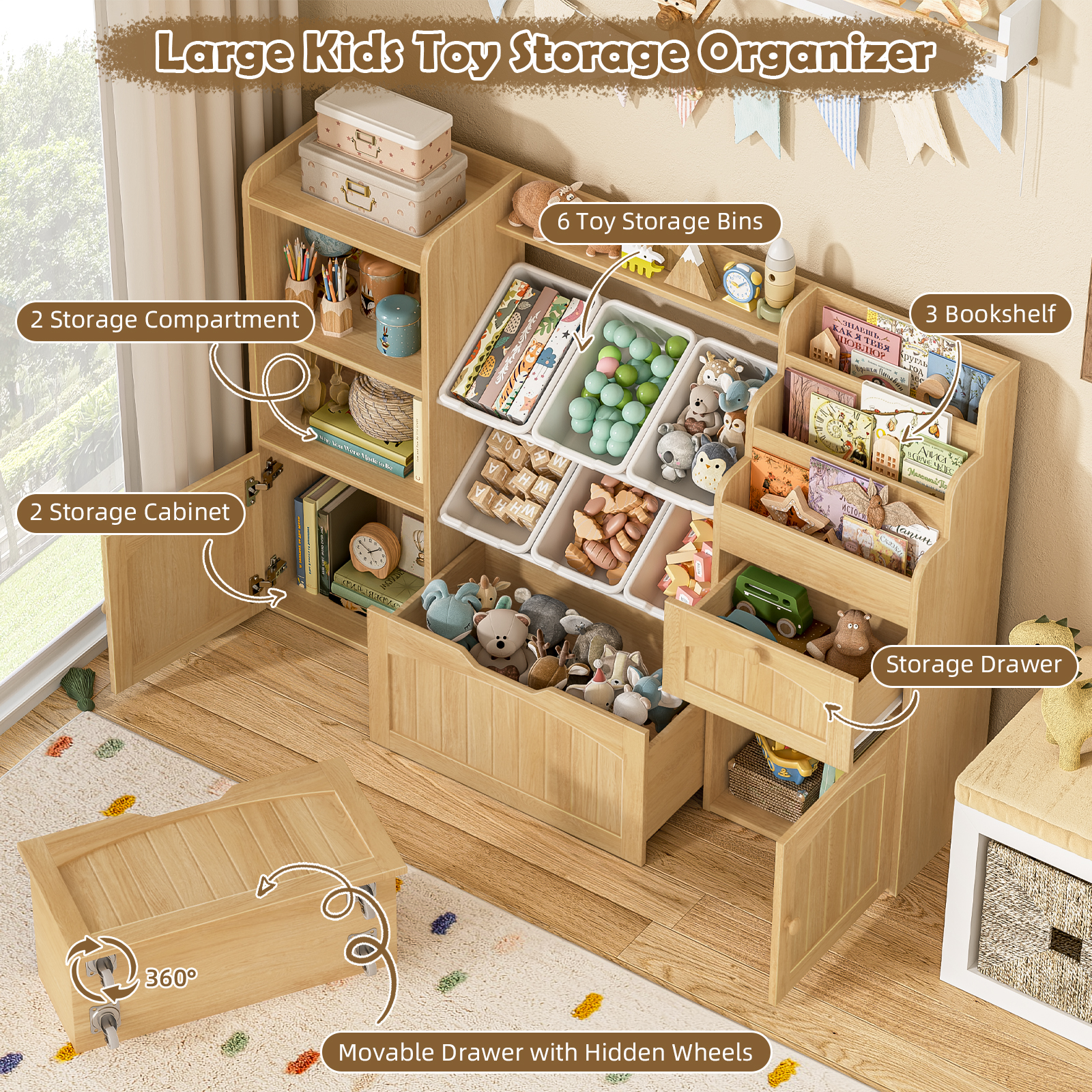 Befrases Toy Storage Organizer with Movable Drawer, Kids Bookshelf with bins, Toy Organizers and Storage with Hidden Wheels, Large Toy Storage and Toy Chest Storage for living room, Playroom, Kids Room, Oak