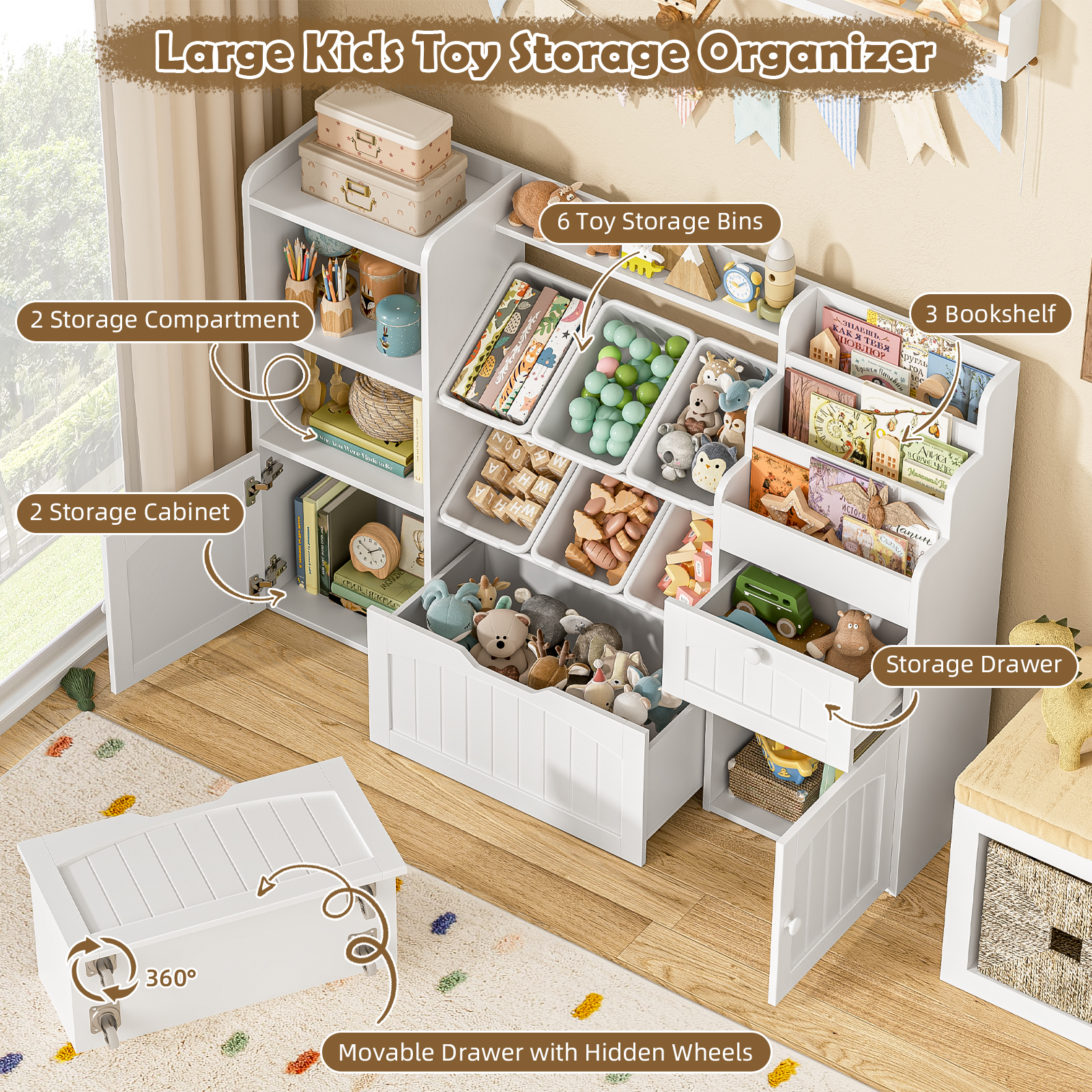 Befrases Toy Storage Organizer with Movable Drawer, Kids Bookshelf with bins, Toy Organizers and Storage with Hidden Wheels, Large Toy Storage and Toy Chest Storage for living room, Playroom, Kids Room, Oak