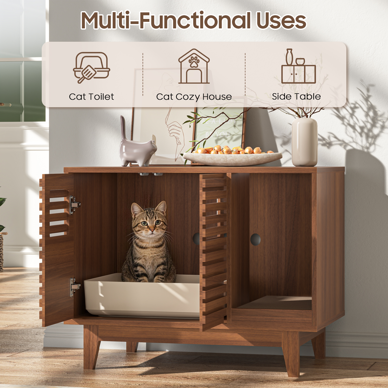 Halitaa 31.5" Cat Litter Box Enclosure, Hidden Litter Box Cabinet, Modern Indoor Cat House with Scratch Pad, Pet Storage Cabinet with 2 Doors, TV Stand for Living Room