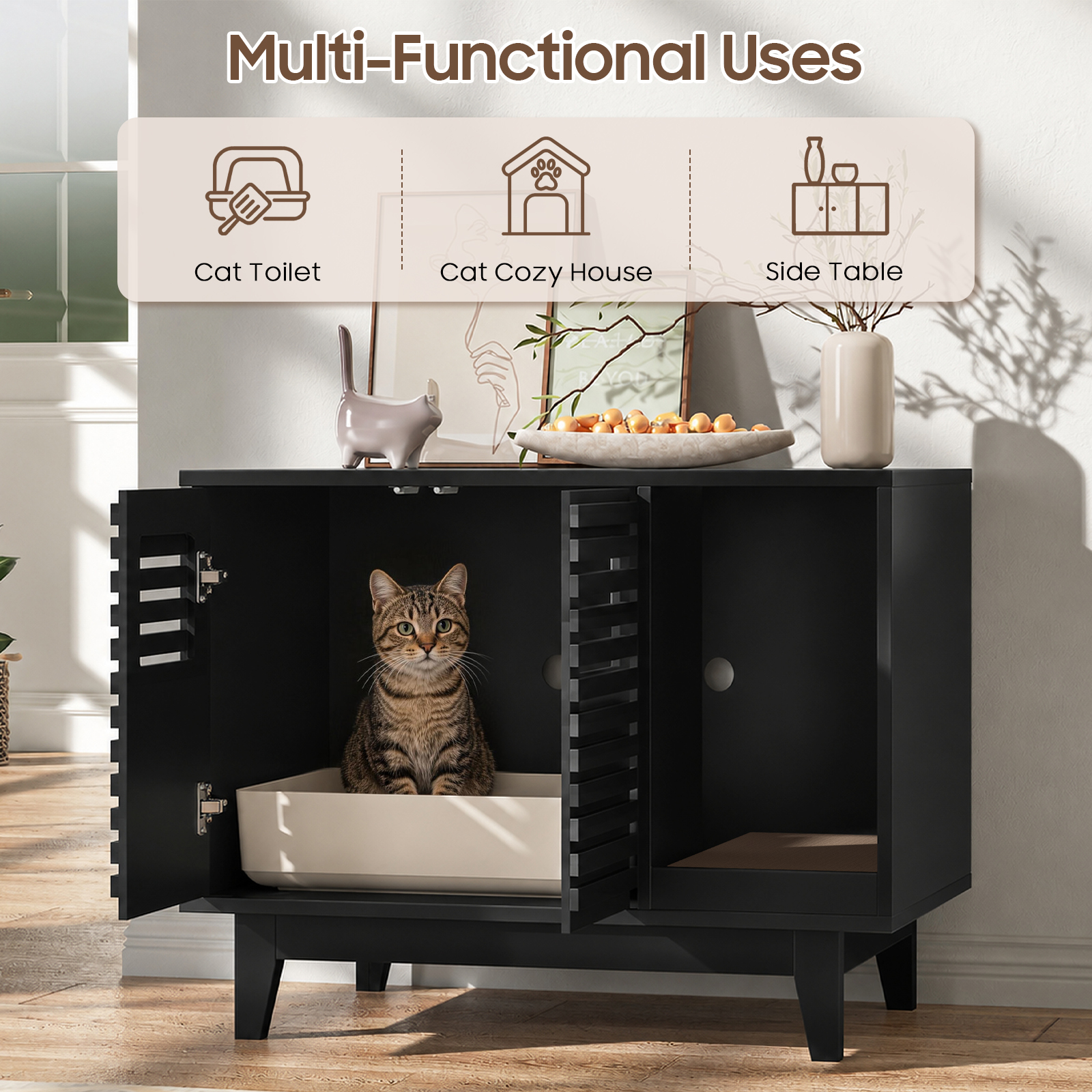 Halitaa 31.5" Cat Litter Box Enclosure, Hidden Litter Box Cabinet, Modern Indoor Cat House with Scratch Pad, Pet Storage Cabinet with 2 Doors, TV Stand for Living Room