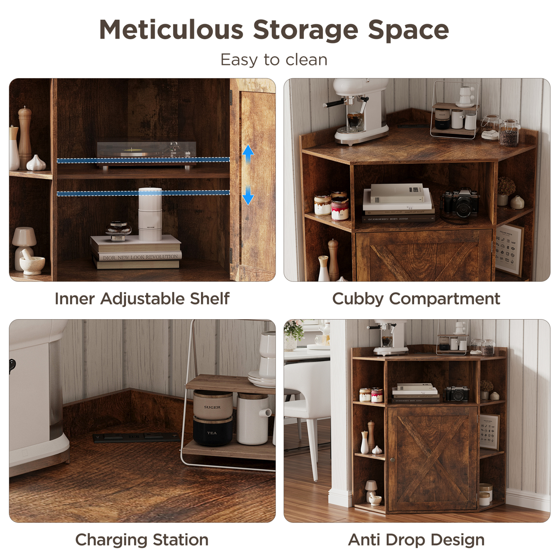 Corner Cabinet, Corner Storage Shelf with USB Ports and Outlets Industrial Organizer for Small Space Wooden 6-Cubby Bookshelf for Study, Playroom, Living Room (Amber Pine)