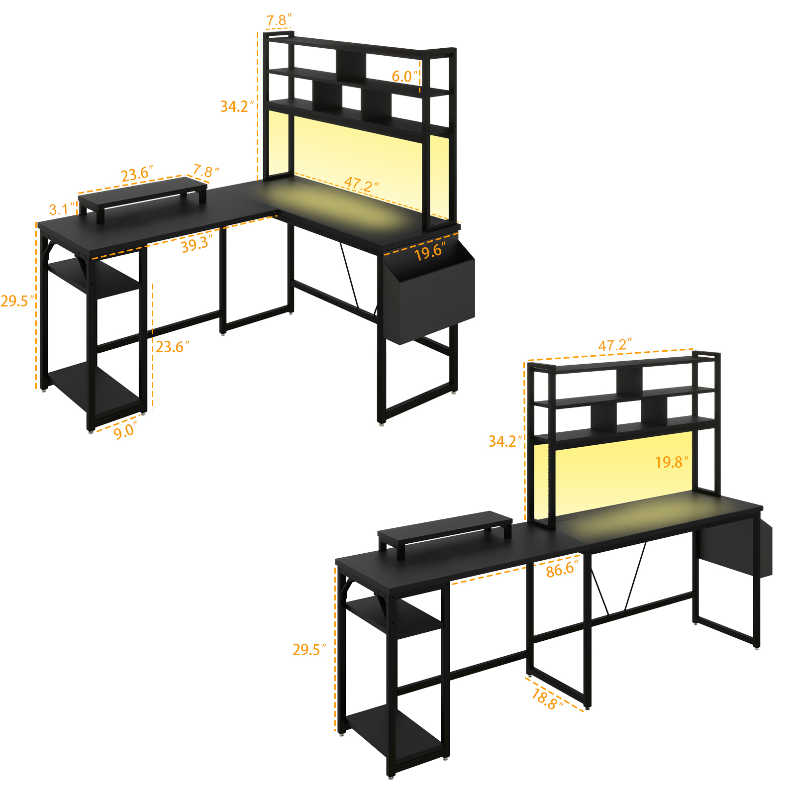 Vabches Computer Desk L Shaped with LED Lights and Power Outlets, Reversible L Shaped Gaming Desk with Hutch Monitor Stand and Storage Bag, Home Office Desk with Storage, Desk with USB Port