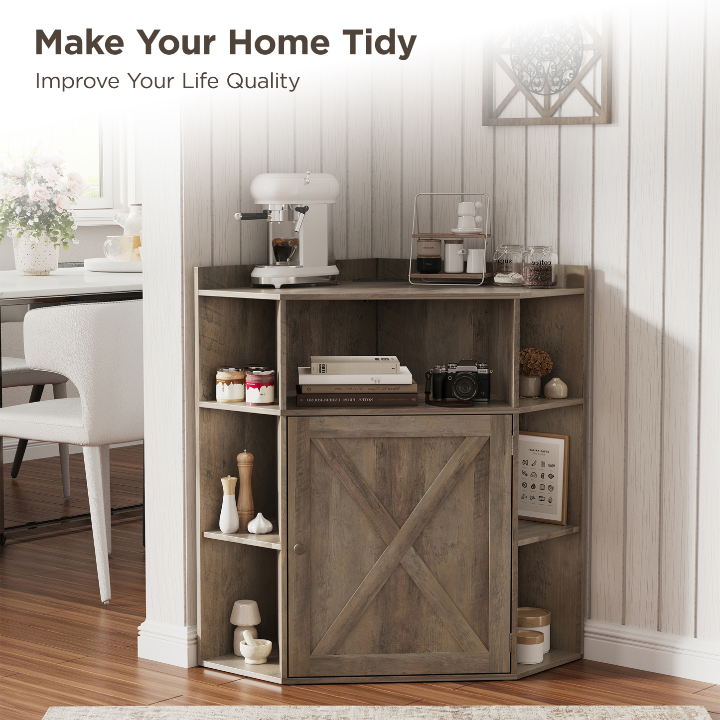 Vabches Corner Cabinet, Corner Storage Shelf with USB Ports and Outlets 6-Cubby Bookshelf