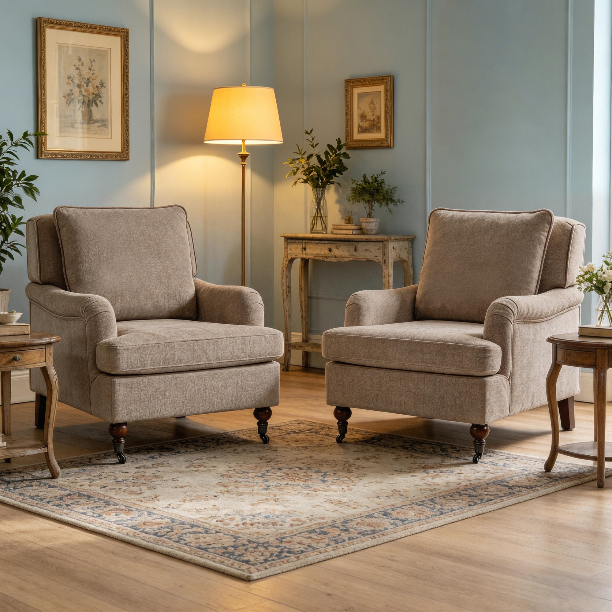 Conate Modern Accent Chair with Cushion, Cozy Chenille Reading Arm Chair with Wood Roller Legs for Living Room, Bedroom, Reading Nook, Beige