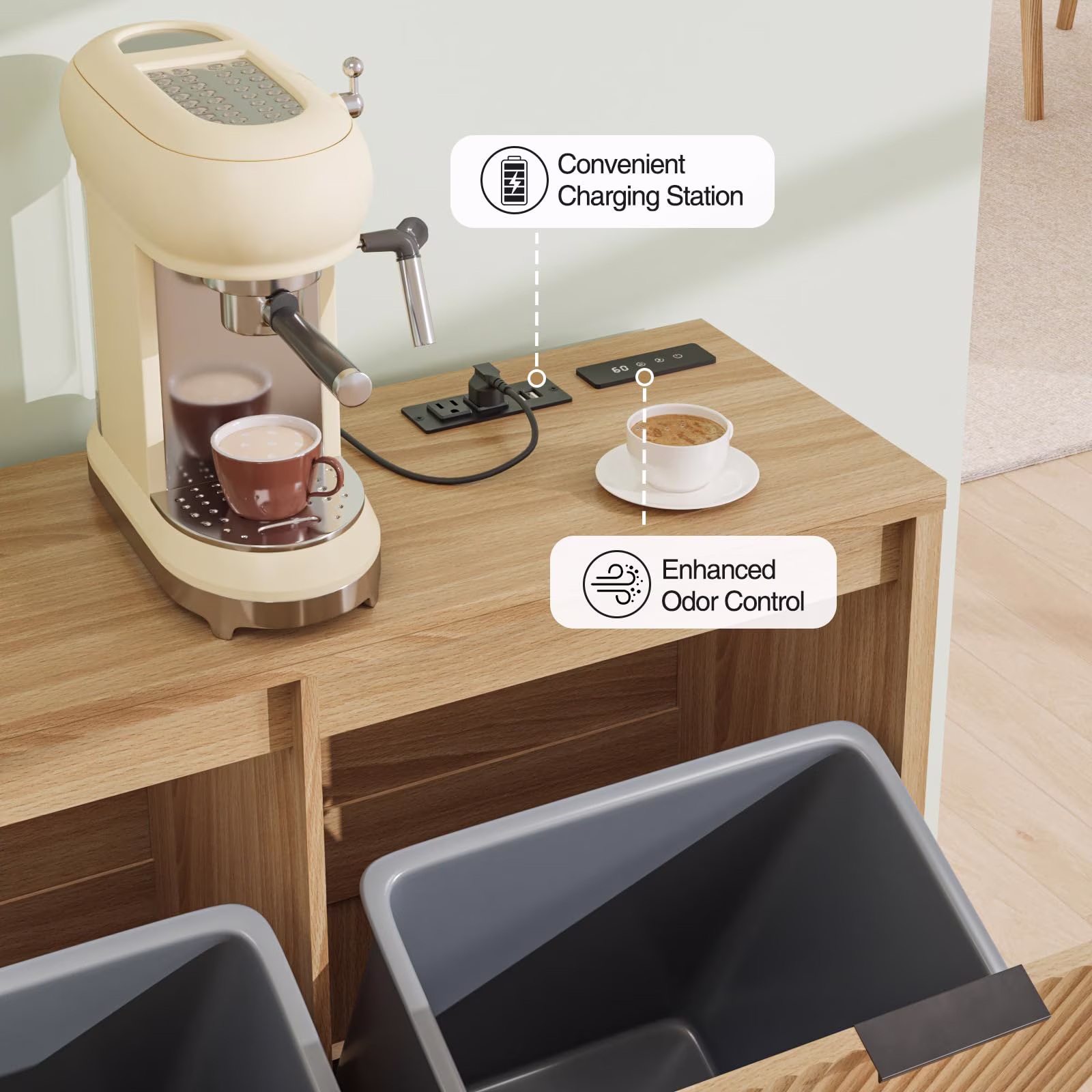 Conate 13 Gallon Double Tilt Out Trash Can Cabinet - Farmhouse Wood Kitchen Trash Cabinet with Odor Control, Hidden 2-Bin Garbage Storage Cabinet with Drawer & Charging Station,Natural