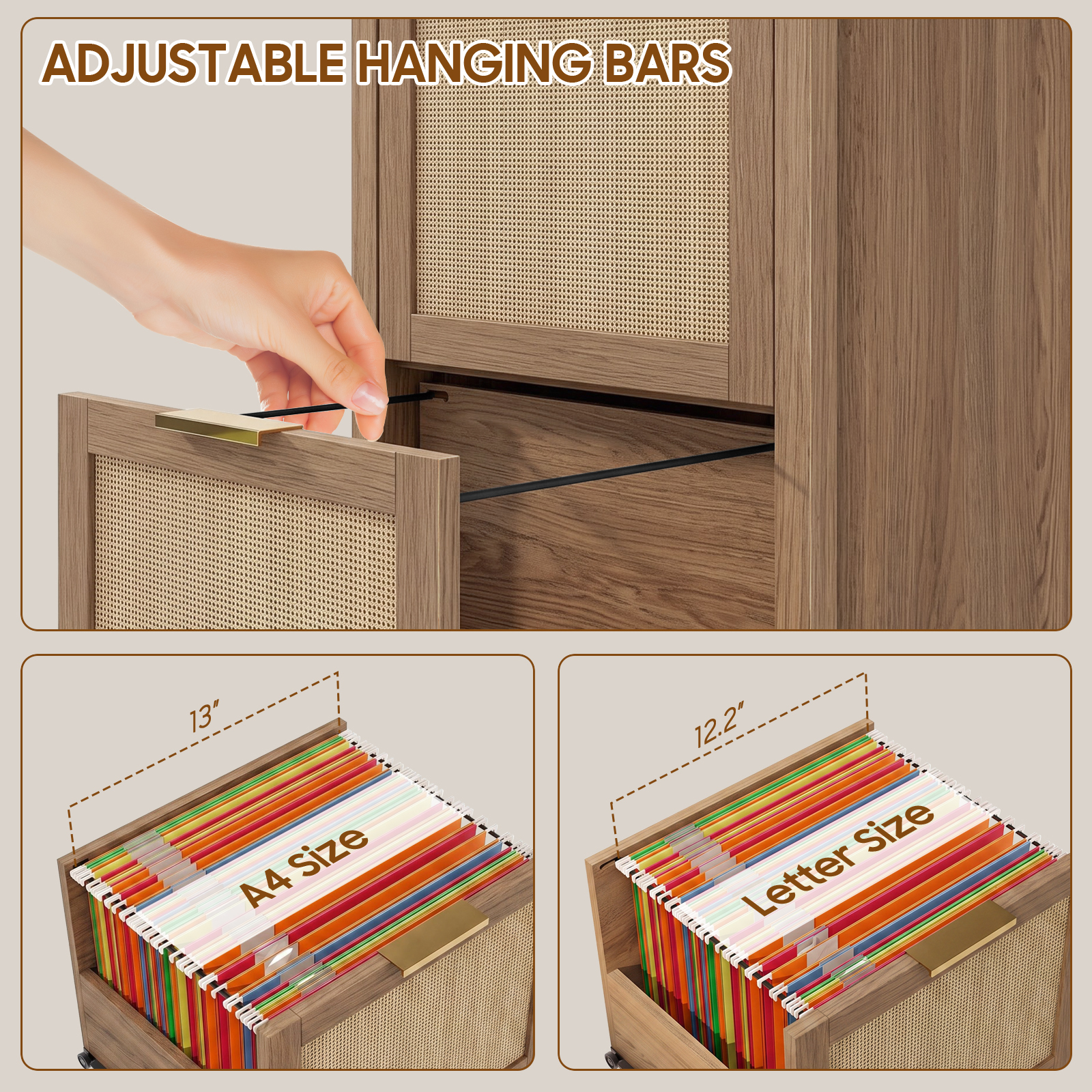 2-Drawer Rattan Small File Cabinet, Farmhouse Vertical Filing Cabinet Fits A4/Letter Size, Under Desk File Cabinets with Storage for Home Office, Wooden Printer Stand, Natural Oak