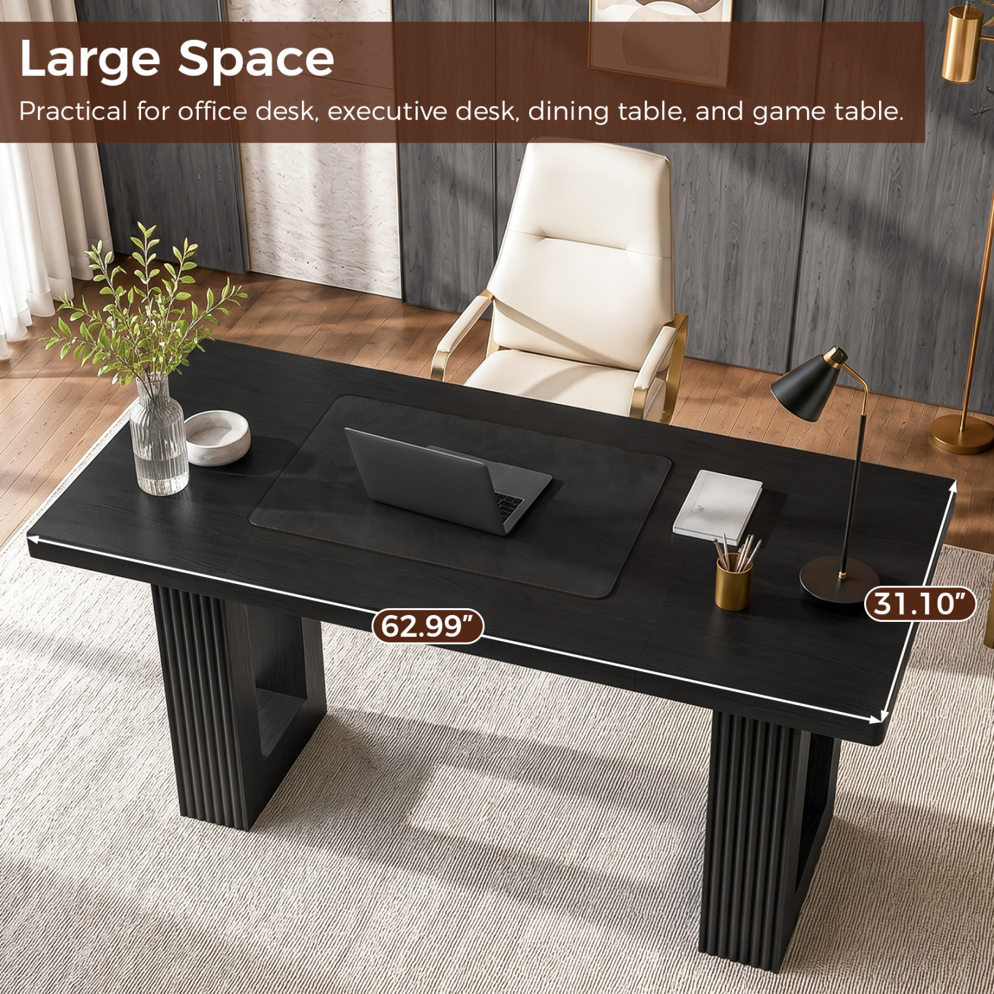 Halitaa 63 Inch Executive Desk, Computer Desk with Large Tabletop, Modern Wood Executive Office Desk with 2 Pedeatals, Writing Conference Table  for Home Office, Study