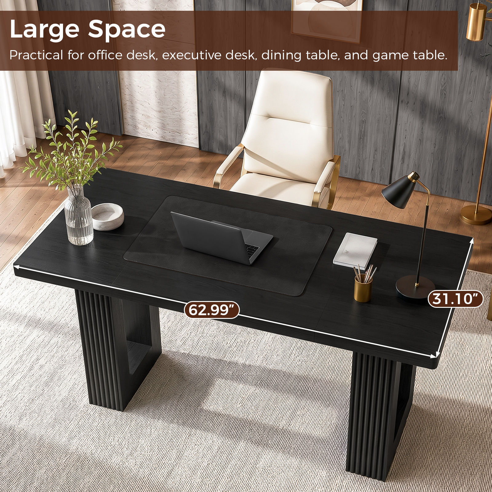 Halitaa 63 Inch Executive Desk, Computer Desk with Large Tabletop, Modern Wood Executive Office Desk with 2 Pedeatals, Writing Conference Table  for Home Office, Study