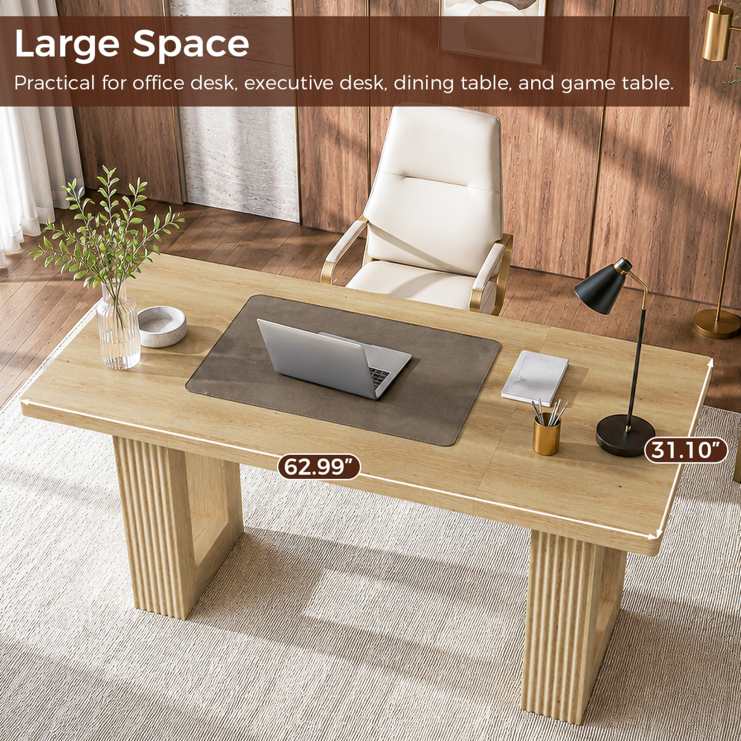 Halitaa 63 Inch Executive Desk, Computer Desk with Large Tabletop, Modern Wood Executive Office Desk with 2 Pedeatals, Writing Conference Table  for Home Office, Study