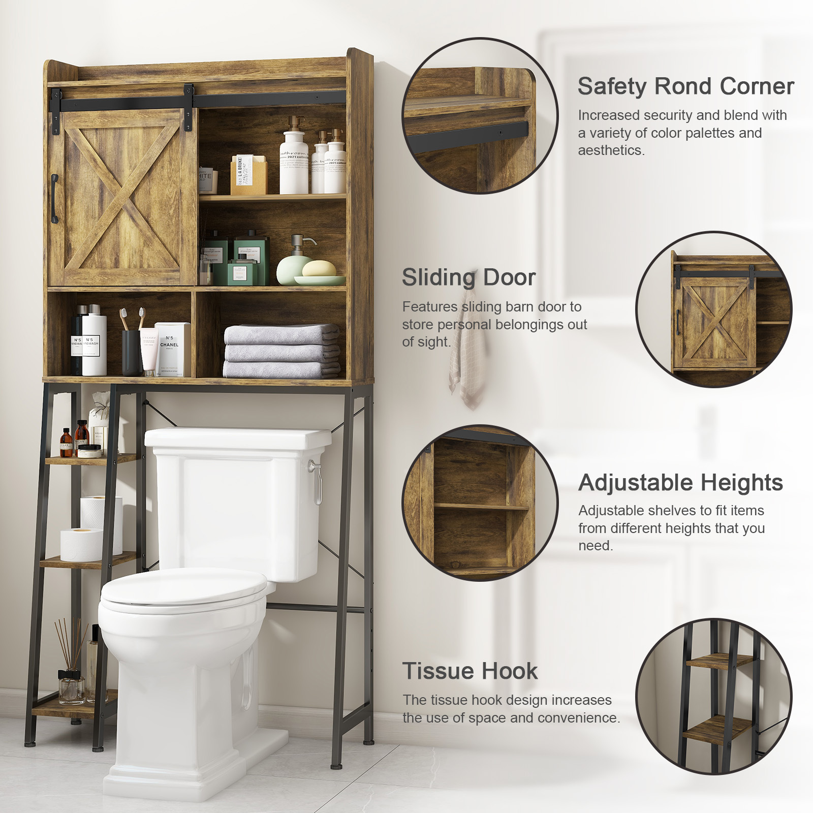 Vabches Over The Toilet Storage Cabinet with Sliding Door and Integrated Toilet Paper Holder, Ideal for Bathrooms, Restrooms, and Laundry Rooms.