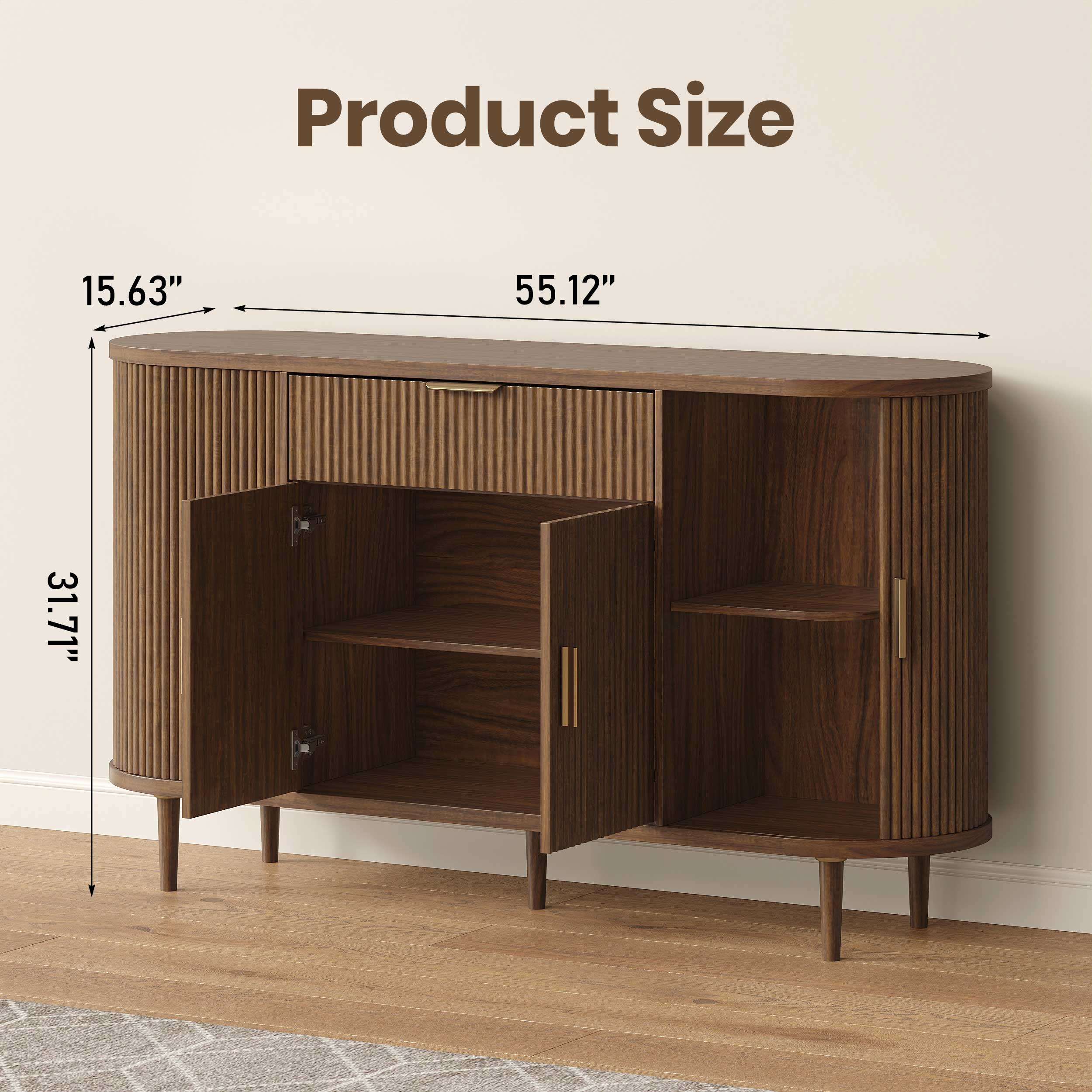 Halitaa 55" sideboard buffet cabinet with Adjustable Shelves, Fluted Mid-Century Modern Coffee Bar Cabinet with Sliding Door and Drawer, Curved Credenza Storage Cabinet for Living Room