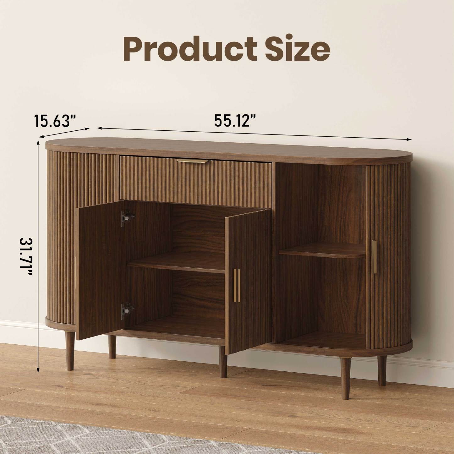 Halitaa 55" sideboard buffet cabinet with Adjustable Shelves, Fluted Mid-Century Modern Coffee Bar Cabinet with Sliding Door and Drawer, Curved Credenza Storage Cabinet for Living Room