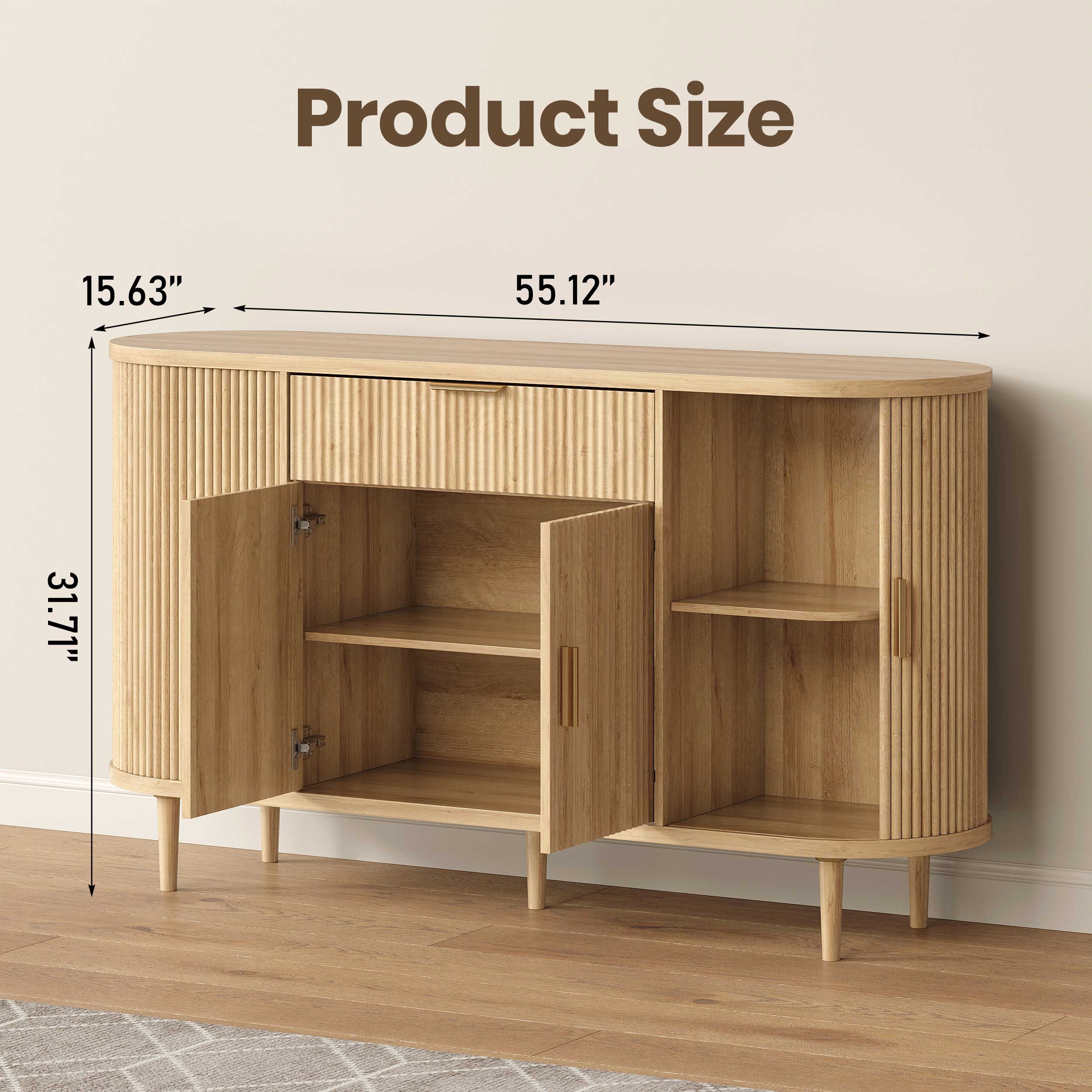 Halitaa 55" sideboard buffet cabinet with Adjustable Shelves, Fluted Mid-Century Modern Coffee Bar Cabinet with Sliding Door and Drawer, Curved Credenza Storage Cabinet for Living Room