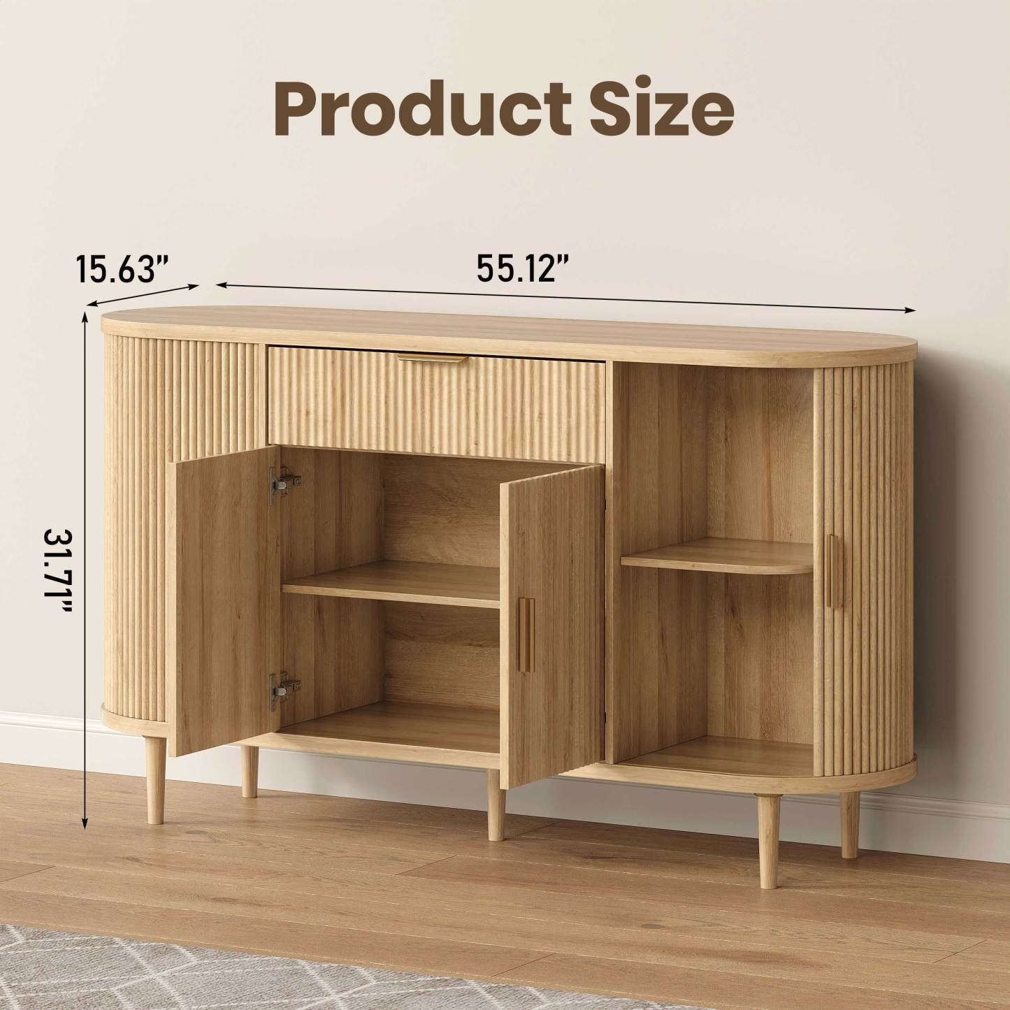 Halitaa 55" sideboard buffet cabinet with Adjustable Shelves, Fluted Mid-Century Modern Coffee Bar Cabinet with Sliding Door and Drawer, Curved Credenza Storage Cabinet for Living Room