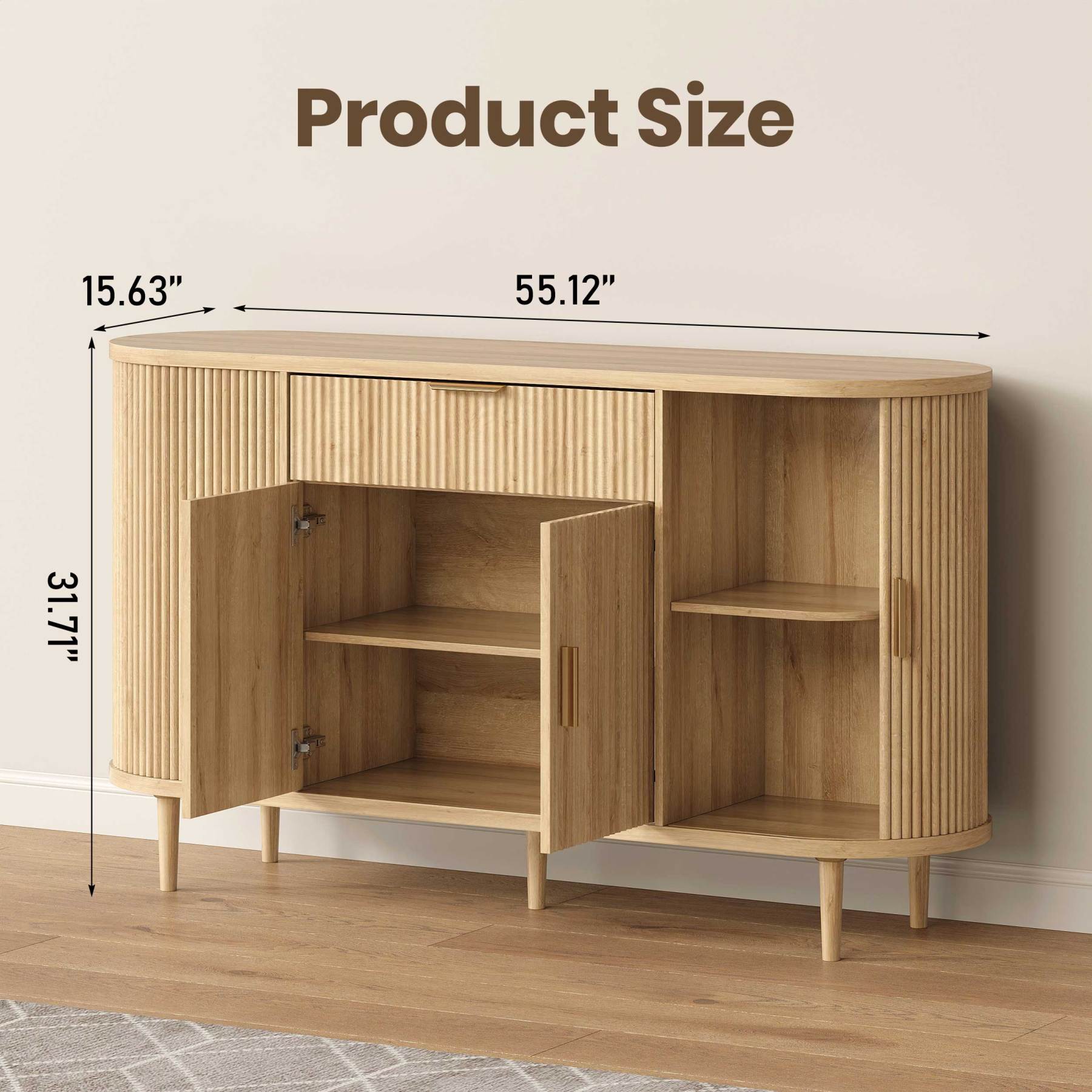 Halitaa 55" sideboard buffet cabinet with Adjustable Shelves, Fluted Mid-Century Modern Coffee Bar Cabinet with Sliding Door and Drawer, Curved Credenza Storage Cabinet for Living Room