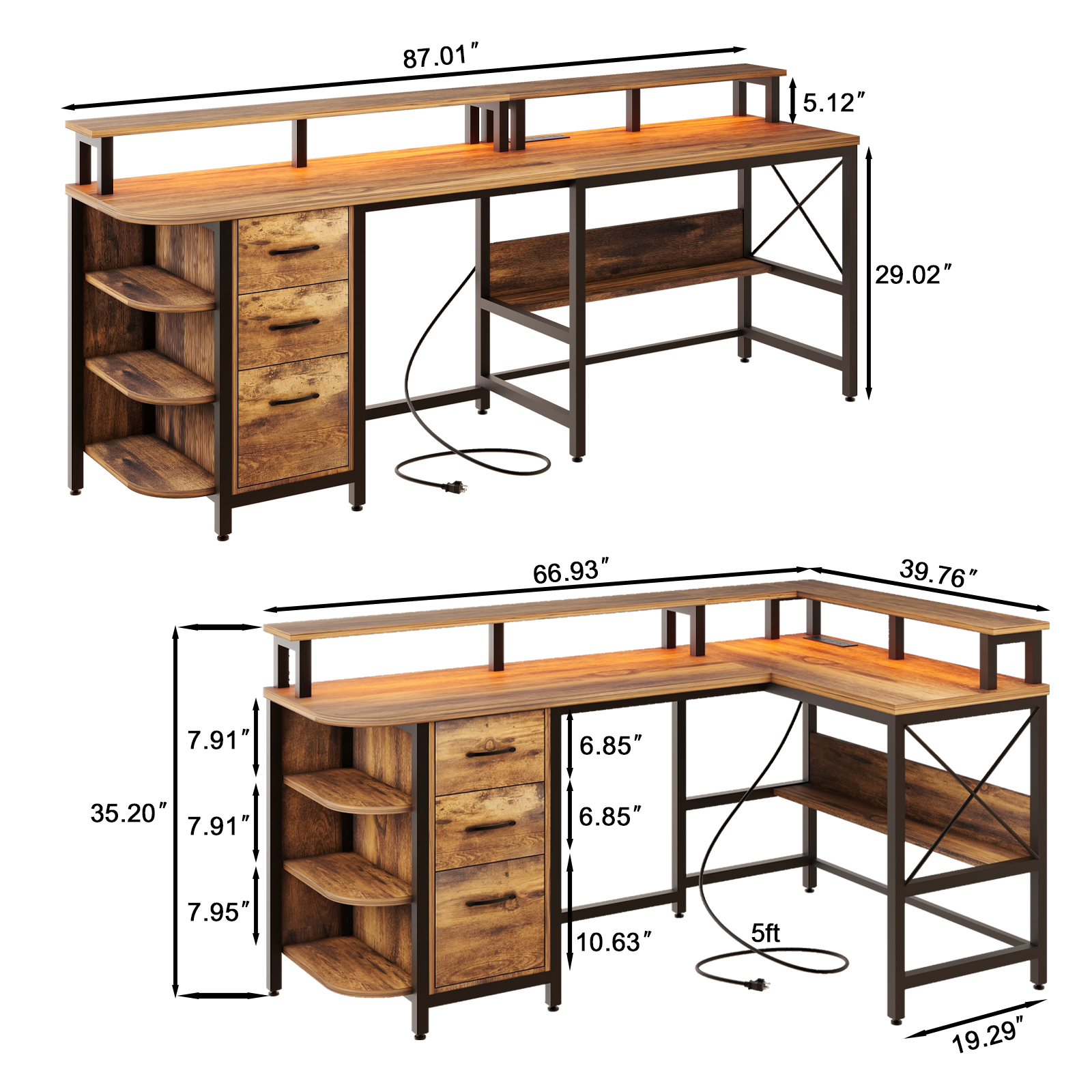 Vabches 67" L Shaped Computer Desk with LED Lights and Power Outlets, Reversible L Shaped Gaming Desk with 3 Drawers Hutch Monitor Stand